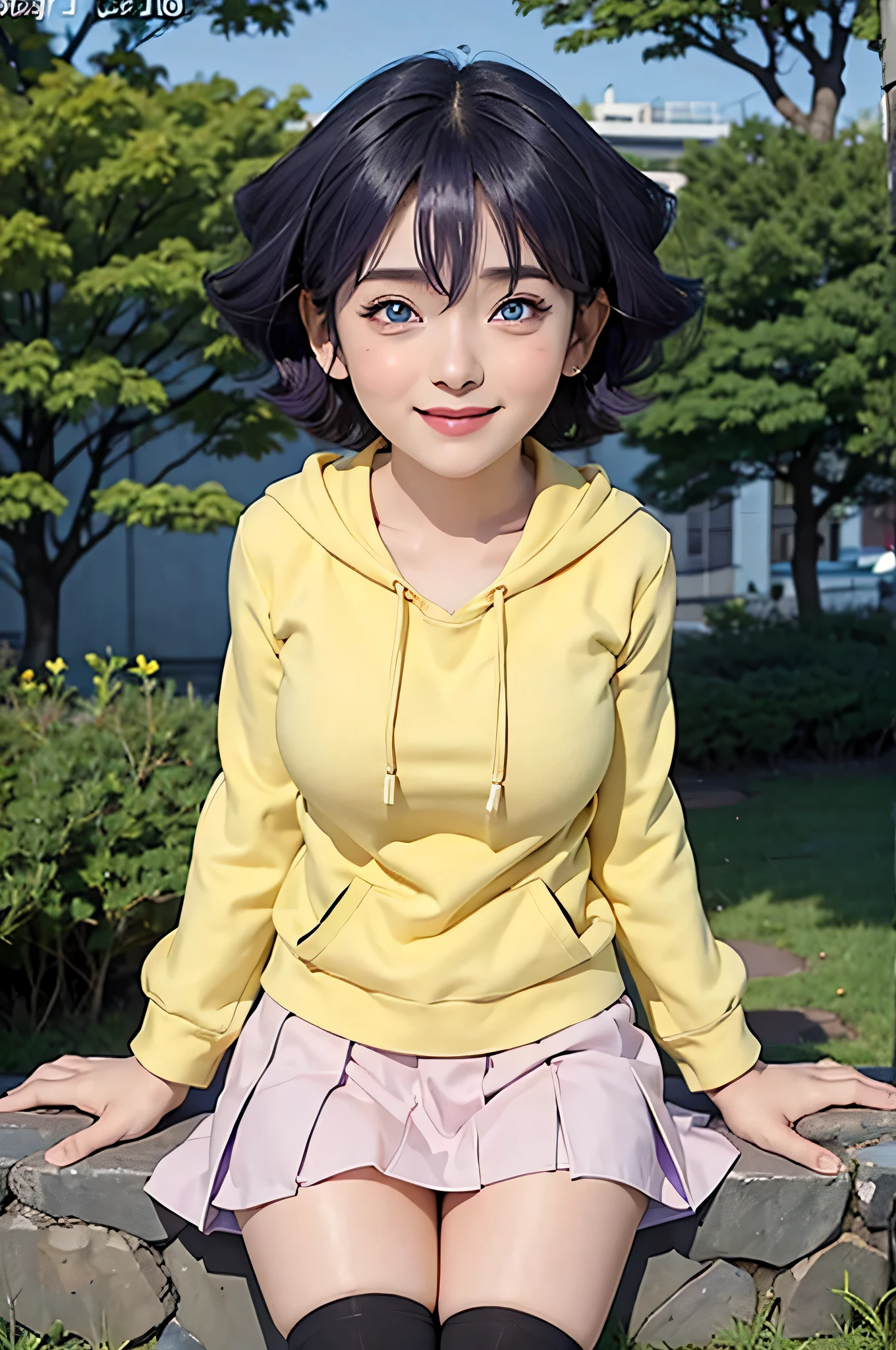 1girl, himawari anime naruto shipudden, short hair , purple hair, blue eyes, beautiful, Very Big Breasts, Not wearing clothes , smile, realistic clothes, detail clothes, city background, ultra detail, realistic