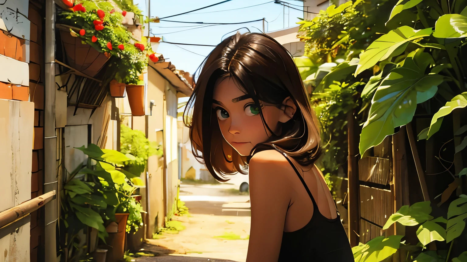 Melhor qualidade, ultra high resolution, 1 , cabelo vermelho, olhos verdes, corpo curto e magro, vestindo uma camisa branca e shorts, ((shy expression)), plantacao de morango