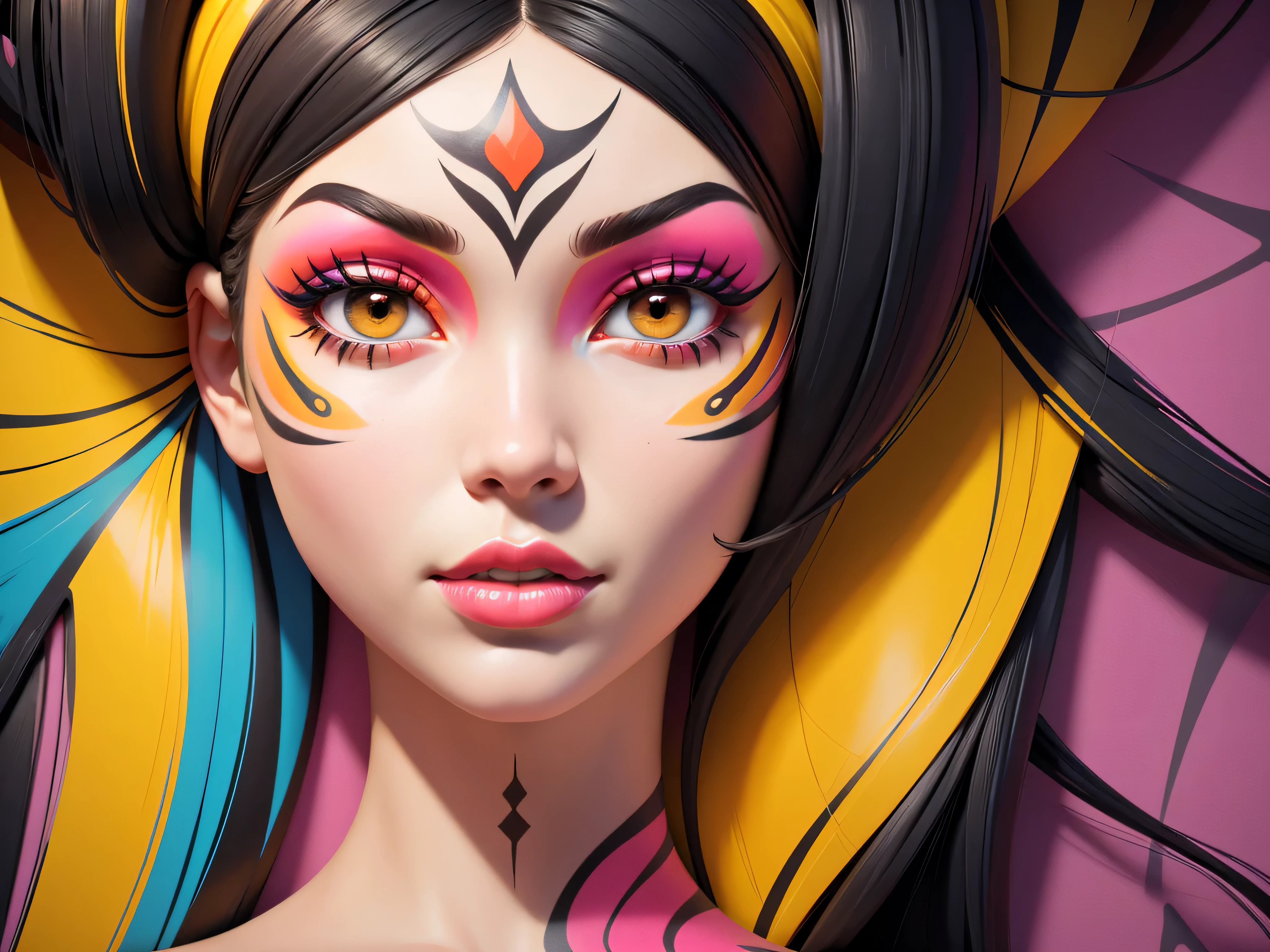 The transformation of a woman into a graffiti painting on a wall. A girl is on the street looking at the mural. Scene illuminated by natural light. Realistic Create a digital art work in pop art style, featureing a vibrant and confident woman with bold symmetrical painted face, painted face, pop art look, elaborate patterned makeup, painted look, abstract face, multicolored faces, symmetrical vogue face portrait, face paint cinematic color scheme, surrounded by adubon fruits patterns, energtic brushstrokes,the mood should be dynamic.painting on a wall, street graffiti, high detail, 4K,masterpiece