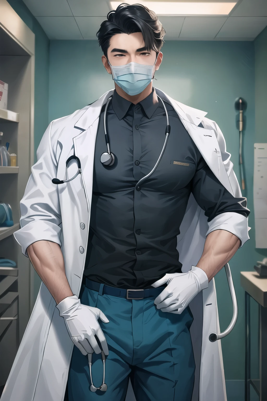 gojo satoru,sexydoctor,stethoscope,coat/shirt/scrubs,surgical mask,pants,white gloves,, best quality,masterpiece,highres,1boy, cowboy shot,