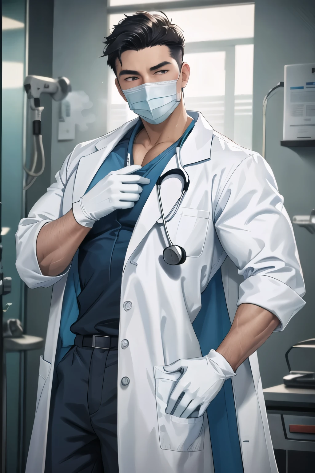 gojo satoru,sexydoctor,stethoscope,coat/shirt/scrubs,surgical mask,pants,white gloves,, best quality,masterpiece,highres,1boy, cowboy shot,