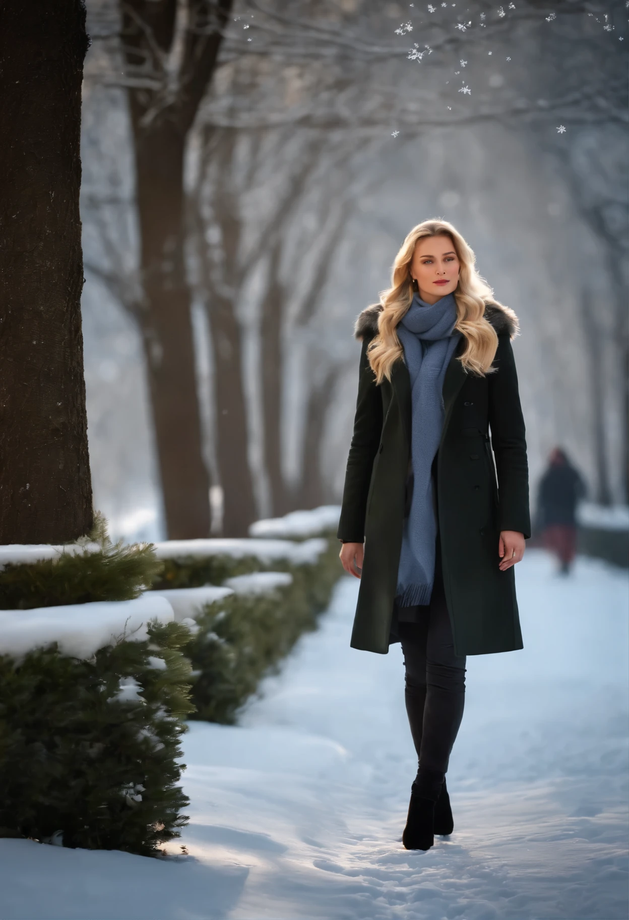 A young blonde girl walks on the street in winter, (best quality,4k,8k,highres,masterpiece:1.2),ultra-detailed,(realistic,photorealistic,photo-realistic:1.37), HDR, UHD, studio lighting, vivid colors, snowy scenery, cozy atmosphere, stylish winter clothing, golden sunlight, elegant pose, fine details of her face, graceful footsteps, well-defined shadows, fairy-tale-like surroundings, icy crystal formations on trees, breath visible in the cold air, soft snowflakes falling gently, peaceful and serene ambiance, cold and crisp winter air.