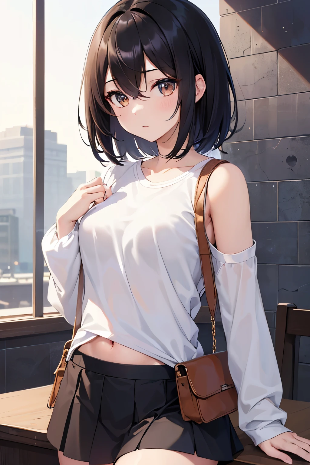looking away、crowd、(In town)、(I can see a little of your butt)、(1 girl)、((white long sleeve t-shirt:1.2))、(chain shoulder bag:1.2)、(black hair:1.2)、black panties、(thighhighs)、( black hipbone skirt:1.2)、((medium breasts:1.2))、beautiful breasts、Whitening、beautiful skin、blush、(realism)、((Super fine))、((highest quality))、((masterpiece))、(ultra high resolution)、(shiny hair:1.2) 、(hime cut)、(medium hair:1.2)、(hairs between eyes:1.2)、(masterpiece:1.2)、(best quality:1.2)、ultra-detailed、(8k)、(Super detailed)、(Ultra high detail)、(very detailed)、(brown eyes)、(beautiful eyes)、(beautiful face)、(big eyes )、
(slant eyes)
