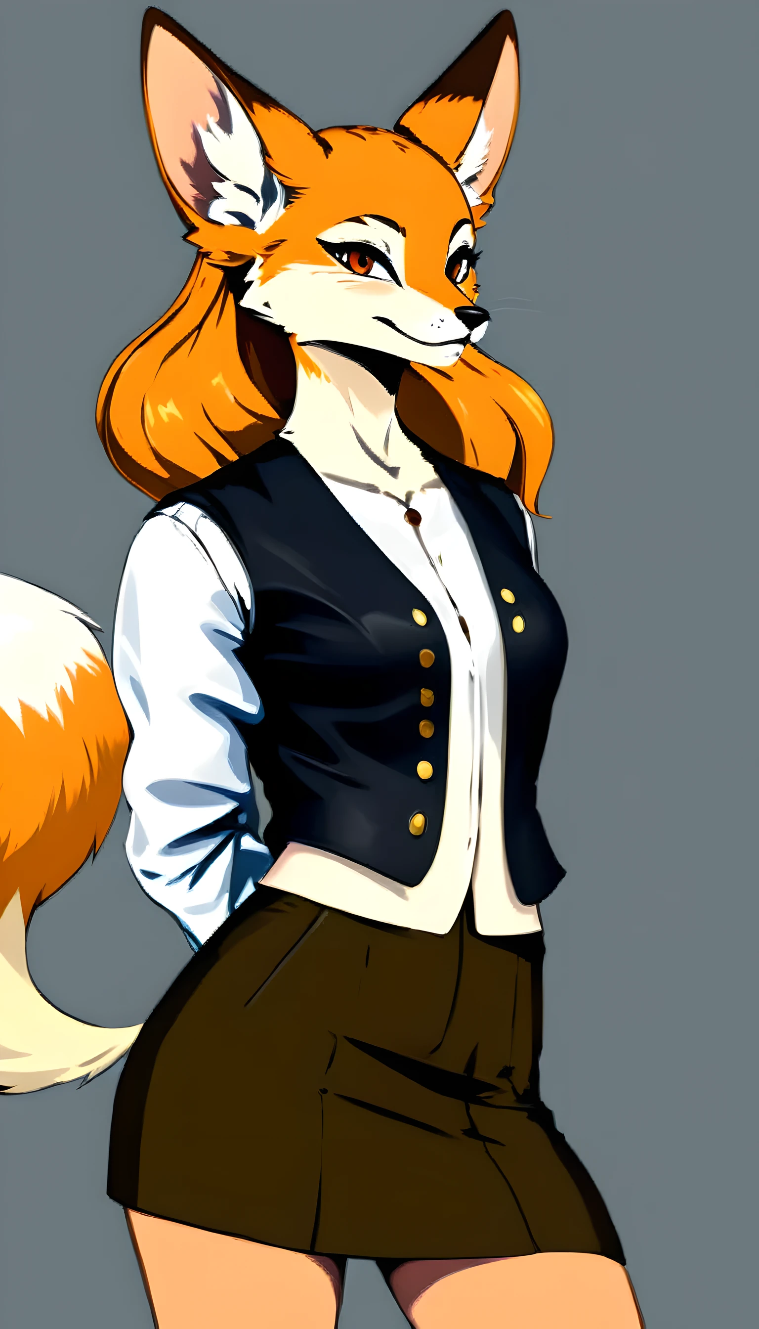 :: (((masterpiece))) :: Portrait profile (((Best quality))),(character design sheet, same character, front, Side, back) :: Fennec, Female :: anthropomorphic animal body, human frame, anthropomorphic animal species, small breast size, Bald tail, height:165 cm :: ((Full body in the frame)) :: (wear a classic black office vest over a white work blouse.), (women'high waist knee length skirts) :: show emotions, Lively eyes, Fox ears :: woolly skin, Orange skin, Two-tone leather :: Pieces of color, Книга sketchов, hand drawn, dark, Sandy, realistic sketch, sketch, mix of bold dark lines and loose lines, thick lines, on paper, flip character sheet :: (outline style:1.1), (Reflected light:1.2), computer graphics, (Cell shading:1.2), use of large lines, difficult, (Borderland style:1.1), (Anxious:1.1) ::