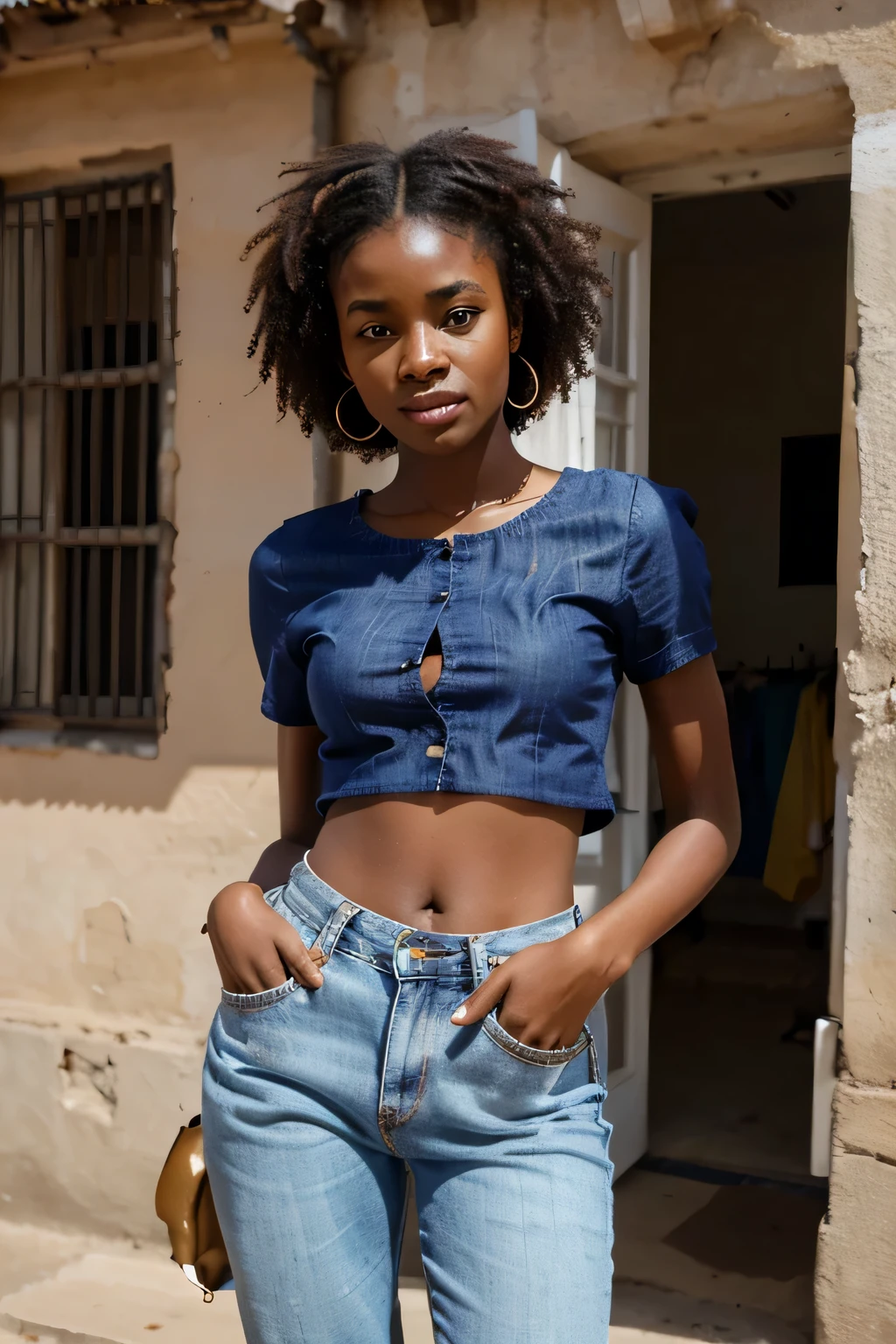 jeune fille africaine coupe afro portant un jean et un top couleur pèche tenant un appareil photo reflex prête a prendre une photo 