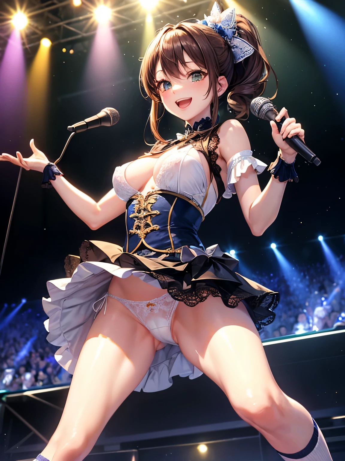 highest quality、All limbs、full finger、Slender beauty、ponytail、brown hair, green, white and navy idol costume、high socks、beautiful big breasts、live stage、sing、holding a microphone, dancing、big smile、(white horizontal lace panties:1.1), skirt lift, show off panties, (small nipples:0.96)