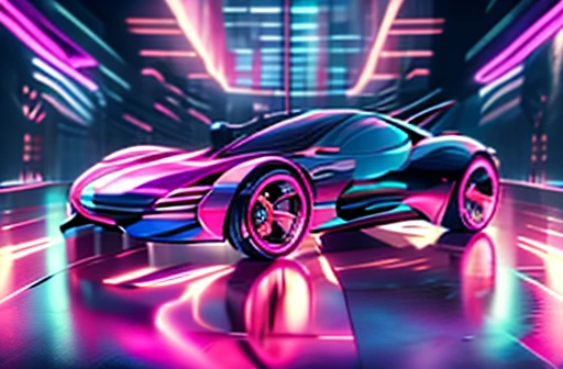 futuristic neon race car, cyber girl beside car, dark chrome body, pink glowing trim,  Futuristic concept car, outrun aesthetic, (car doors open:1.3), cybergirl, black bodysuit, pink undercut hairstyle, pink tattoos