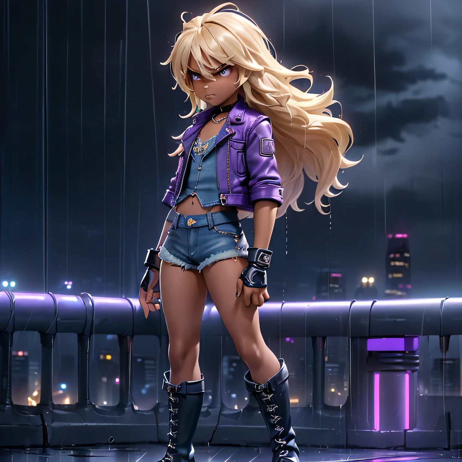 1boy, ((((male)))), ((((solo)))), (((dark-skinned))), (((teenage, age 16))), (((beautiful))), (((effeminate))), ((((long blond hair)))), (((slender))), (((wide hips))), (((denim short shorts))), (((denim vest top))), (((lace gloves))), (((short purple jacket))), (((black leather high heel boots))), (((sad, angry))), ((((rain)))), (((standing))), ((((city, lit-up city, nighttime))))