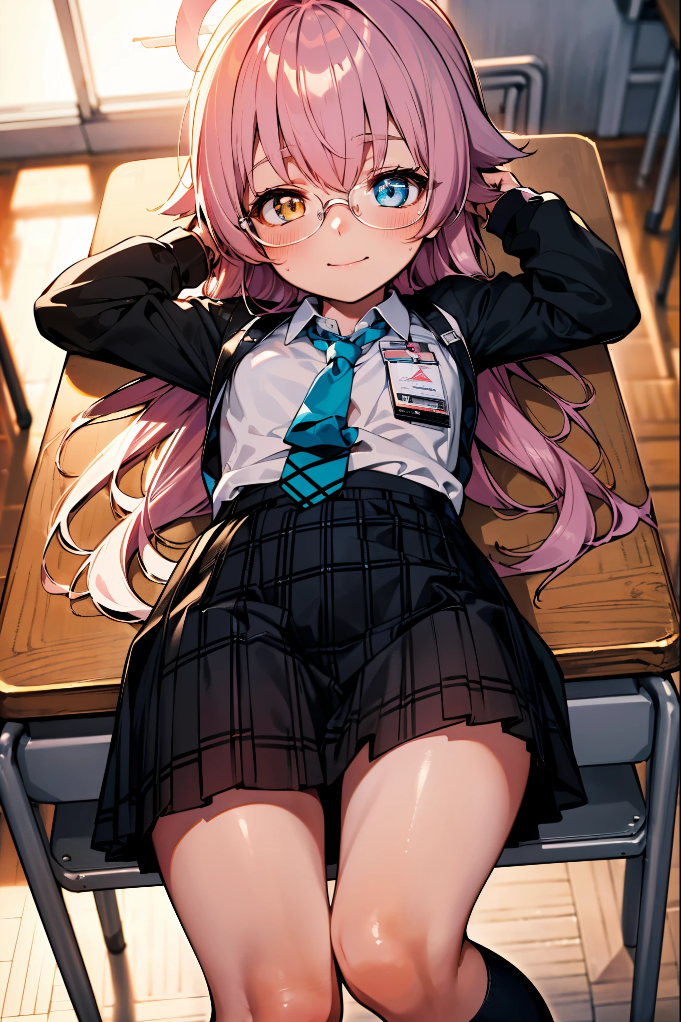 Takanashi Hoshino,(masterpiece, best quality:1.2), (high resolution, 8K RAW photo, photo realistics, clear focus, weak outline:1.3), (cinematic lighting, moody image atmosphere, textile shading), (loli), ((beautiful eyes with highlight:1.3)), (embrassed), (pink hair), long hair, asymmetric hair, half updo hair , ((Takasnhi hoshino eyes)), bokeh , tight focus, (correct anatomy:1.6, correct body proportions) ((school uniform)), (in classroom)), (happy), (, ((perspective on whole body)), (distant view), (cute), ((sleepy)), (whole body), (glasses), (studies in class)