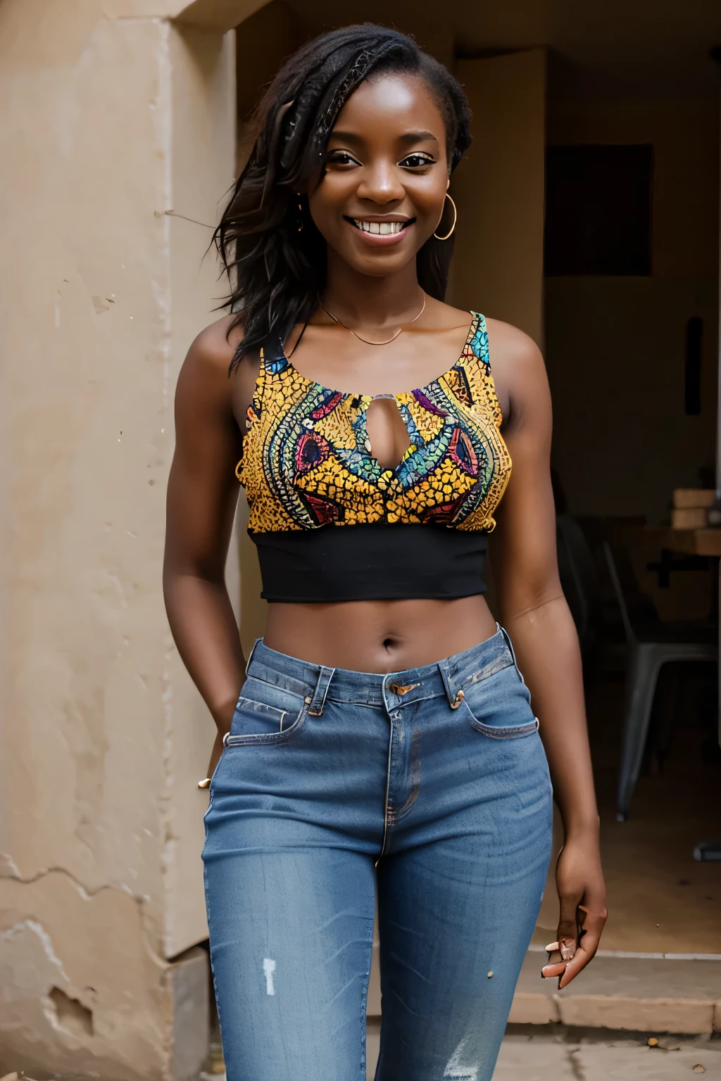 fille africaine de 24 ans portant un jean et un haut coloré souriant et tenant un appareil photo reflex numérique prêt à filmer