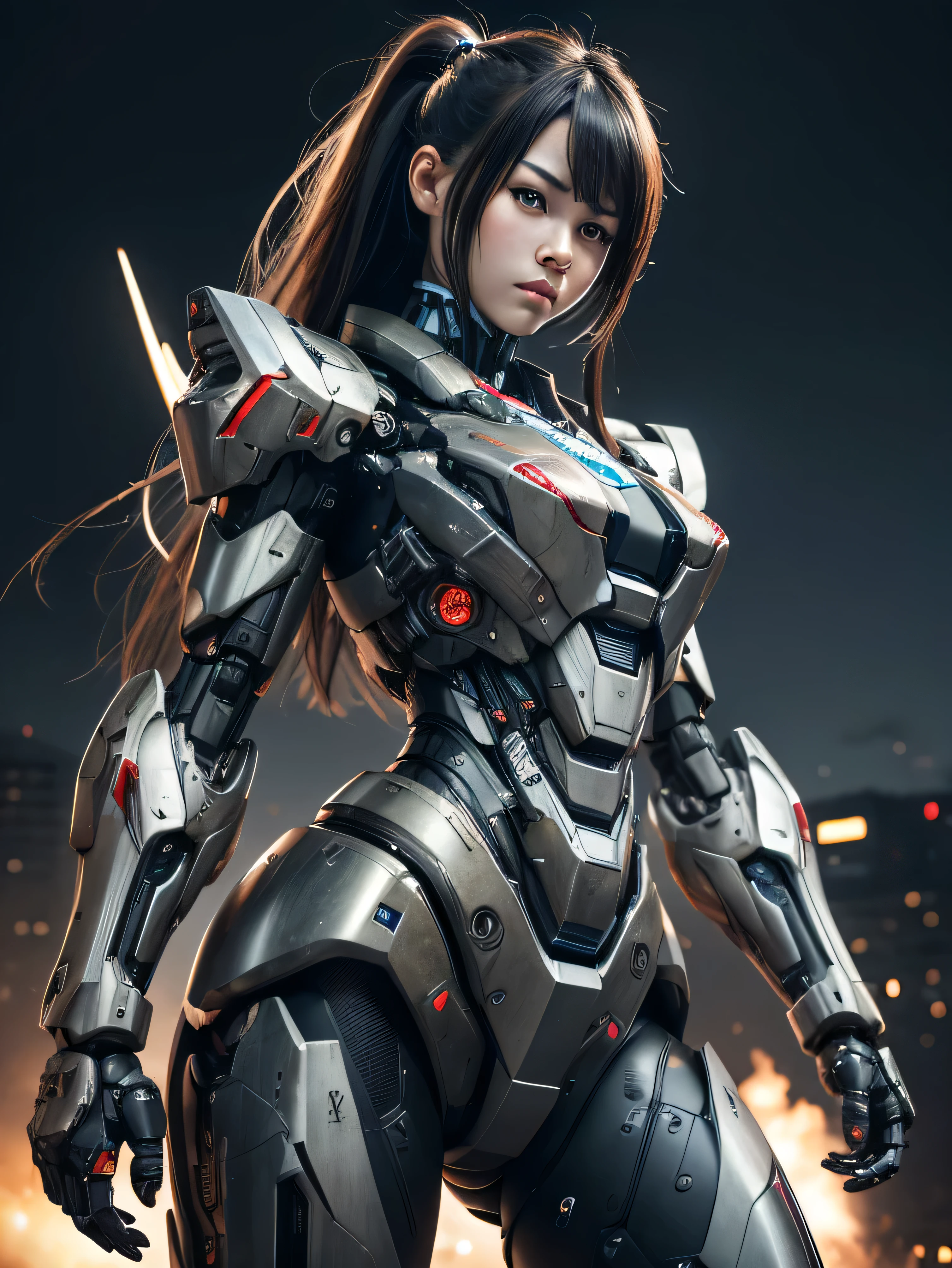 Textured skin, Super Detail, high details, High quality, Best Quality, hight resolution, 1080p, hard disk, Beautiful,(War Machine),beautiful cyborg woman,Mecha Cyborg Girl,Battle Mode,Girl with a Mecha Body, ((medium shot)),
