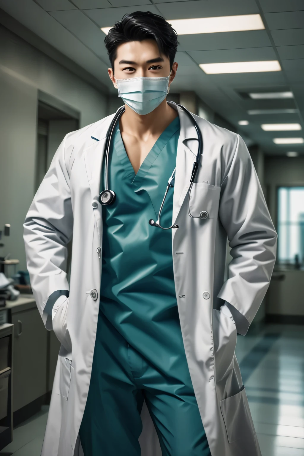 sexy doctor,stethoscope,coat/shirt/scrubs,surgical mask,pants,white gloves,, best quality,masterpiece,highres,1boy, cowboy shot,