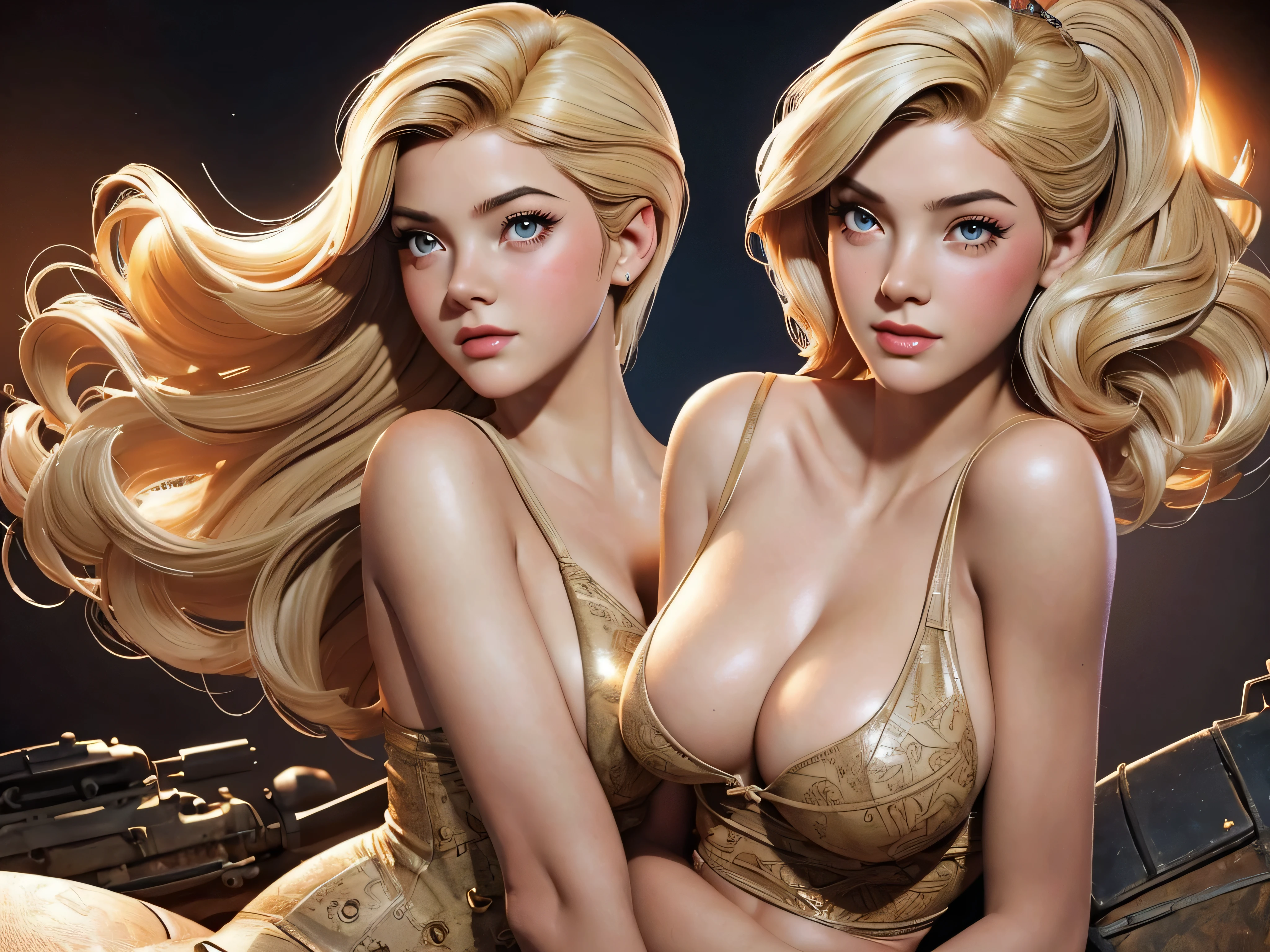 a girl in a war that has devastated the town she is trying to get to the other side of the river medium breast, shining skin, dramatic lighting, pin up style, sexy, surprised, , colorful, masterpieces, ilustrated, shining skin, detailed face, Medium breast. tight body. blonde hair, Illustrated , vintage pin up, illustrated