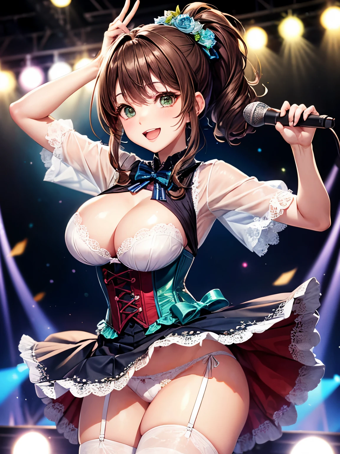 highest quality、All limbs、full finger、Slender beauty、ponytail、brown hair, green, white and navy idol costume、corset, high socks、beautiful big breasts、live stage、sing、holding a microphone, dancing、big smile、(white horizontal lace panties:1.1), skirt lift, show off panties, (shirt lift;0.8), (show off bra:0.9)