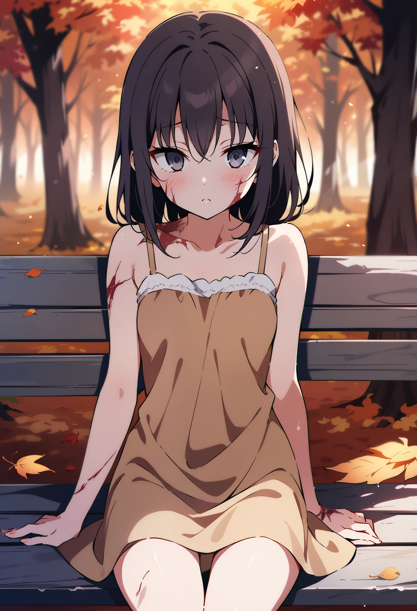 masterpiece, best quality, anime screencap, 1girl, black hair, grey eyes, small breasts, burn scar, scar, forest, brown sundress, neutral, innexpressive, empty eyes, sitting on bench, masterpiece, best quality, autumn foliage