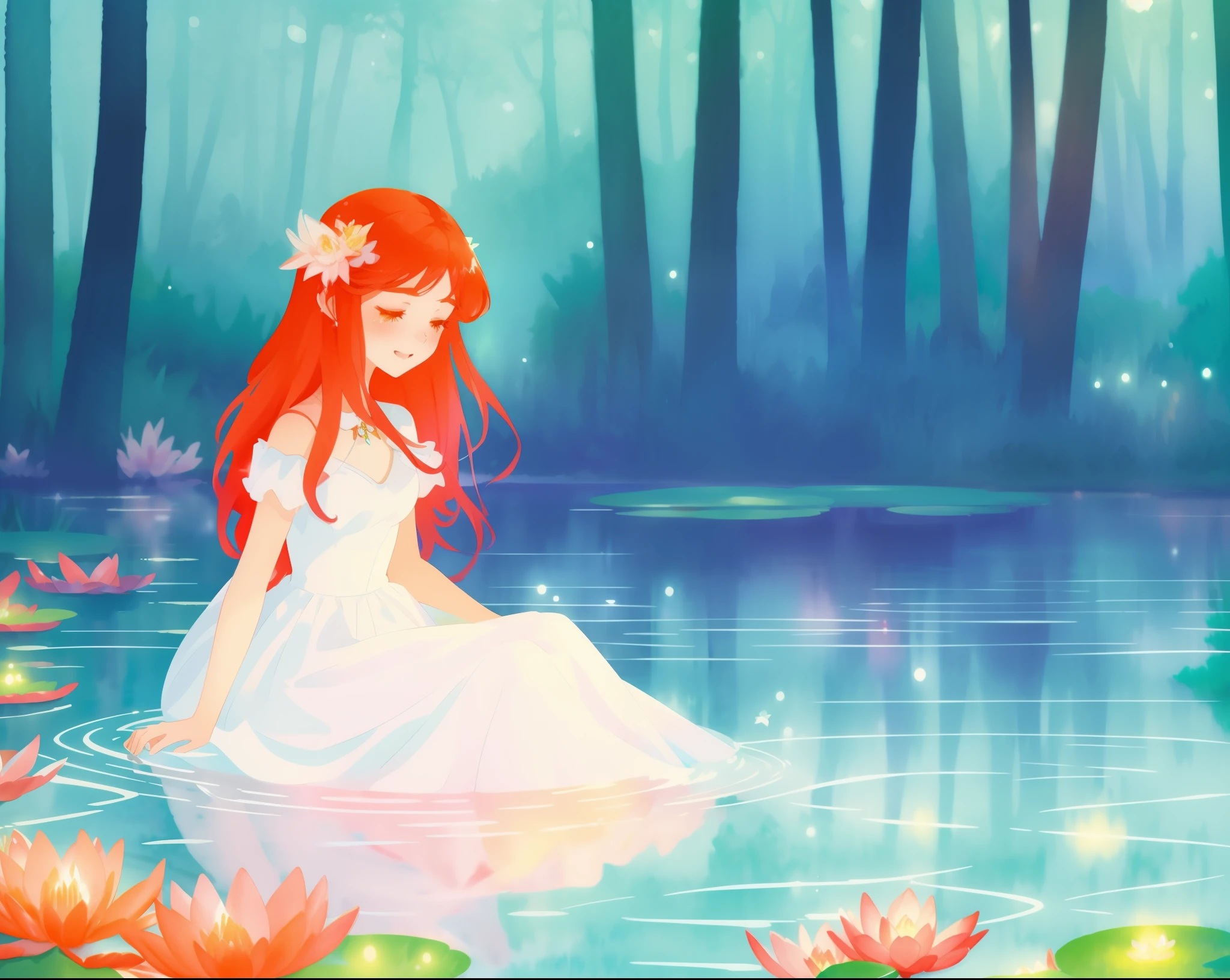 beautiful girl in a white dress sitting in the water, long red hair, magical forest background, red water lilies, beautiful lake, watercolor illustration, disney art style, glowing aura around her, glowing lights, beautiful digital illustration, fantasia otherworldly landscape plants flowers, beautiful, masterpiece, best quality, anime disney style