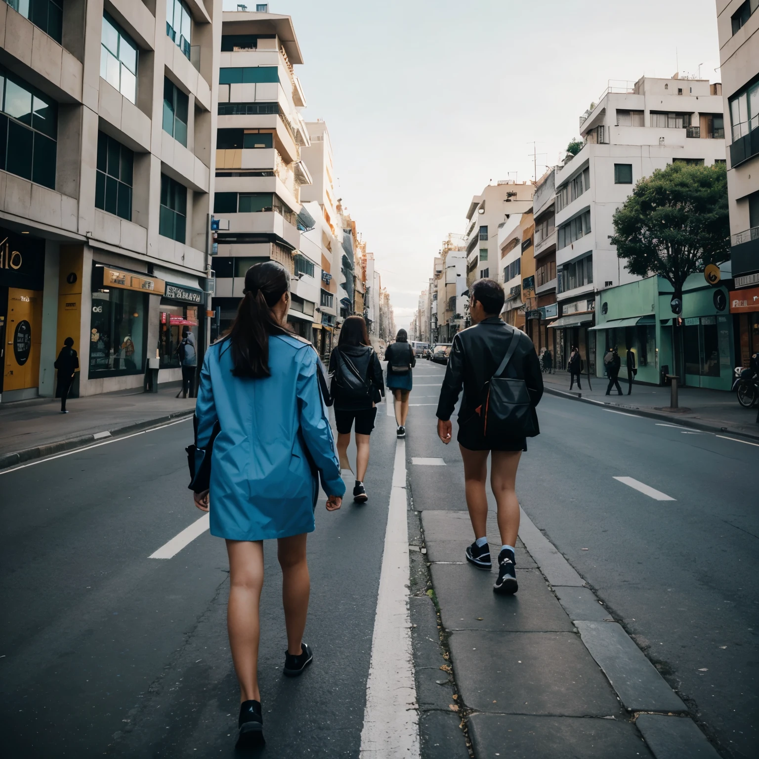 Personas caminando en ciudad futurista