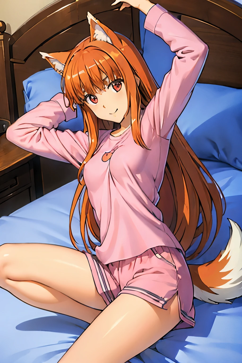 High resolution、highest quality、1 girl、holo、horo、korbo、smile、long hair、Bright light brown hair、(dog ears、Bushy tail、red eyes)、slender、thin thighuscular、(big boobs)、はにかんだsmile、armpit、(pink shirt、pink pajamas、pink shorts)、(((lie in bed)))、Super perspective、wide shot、foreshorten、fighting stance