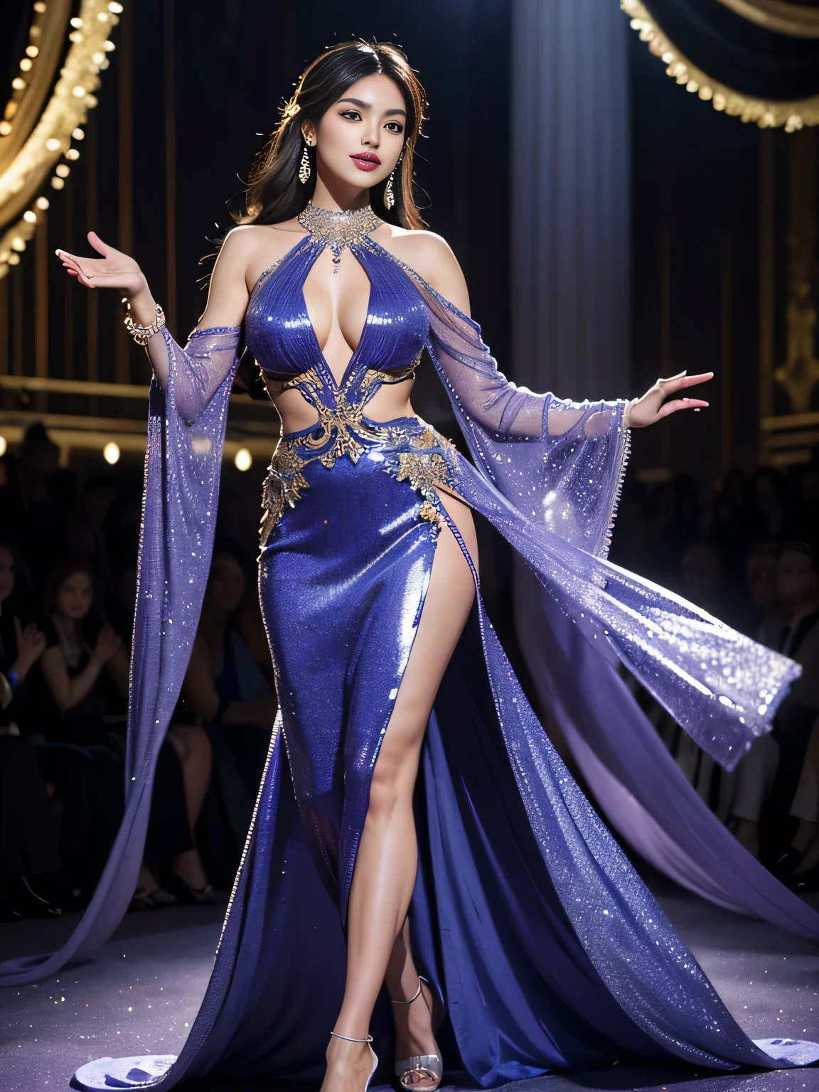 (best quality,4k,8k,highres,masterpiece:1.2),ultra-detailed,(realistic,photorealistic,photo-realistic:1.37),portrait,red carpet,popular hijab style,gorgeous evening gown,winsome smile,confident,glamorous makeup,sparkling eyes,dazzling earrings,flowing skirt,dainty handbag,high heels,huge crowd,flickering camera lights,intricate beading,luxurious fabric,runway,model strut,celebrity judges,adoring fans,standing ovation,magnificent stage backdrop,mesmerizing music,breath-taking beauty,graceful pose,impressive presence,vibrant colors,pristine complexion,majestic entrance,impeccable hairstyle,flawless skin,lively atmosphere,unforgettable moment,star-studded event,exquisite details,elated winner,elegant silhouette,inspiring confidence,unparalleled elegance,fashion-forward,redefining beauty standards,exuding charm and poise,showcasing diversity,unifying celebration,lllumination-enhancing lighting,lively atmosphere,unveiling elegance,breathtakingly beautiful,wow factor