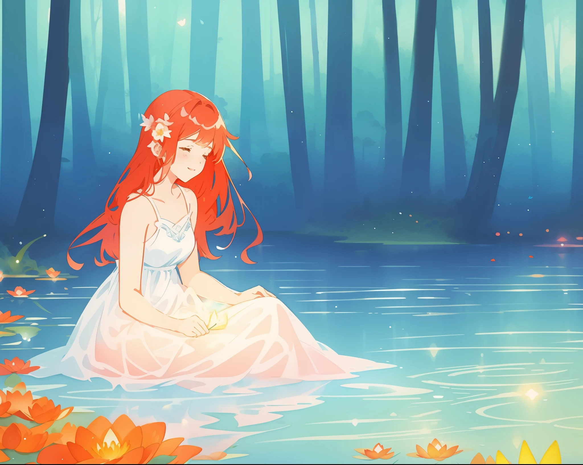 beautiful girl in a white dress sitting in the water, long red hair, magical forest background, red water lilies, beautiful lake, watercolor illustration, disney art style, glowing aura around her, glowing lights, beautiful digital illustration, fantasia otherworldly landscape plants flowers, beautiful, masterpiece, best quality, anime disney style