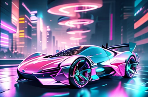 futuristic neon race car, cyberpunk, glowing stripes, dark chrome body, pink glowing trim, Futuristic concept car, outrun aesthetic, beautiful cyber girl next to car, black bodysuit, cybernetic tattoos