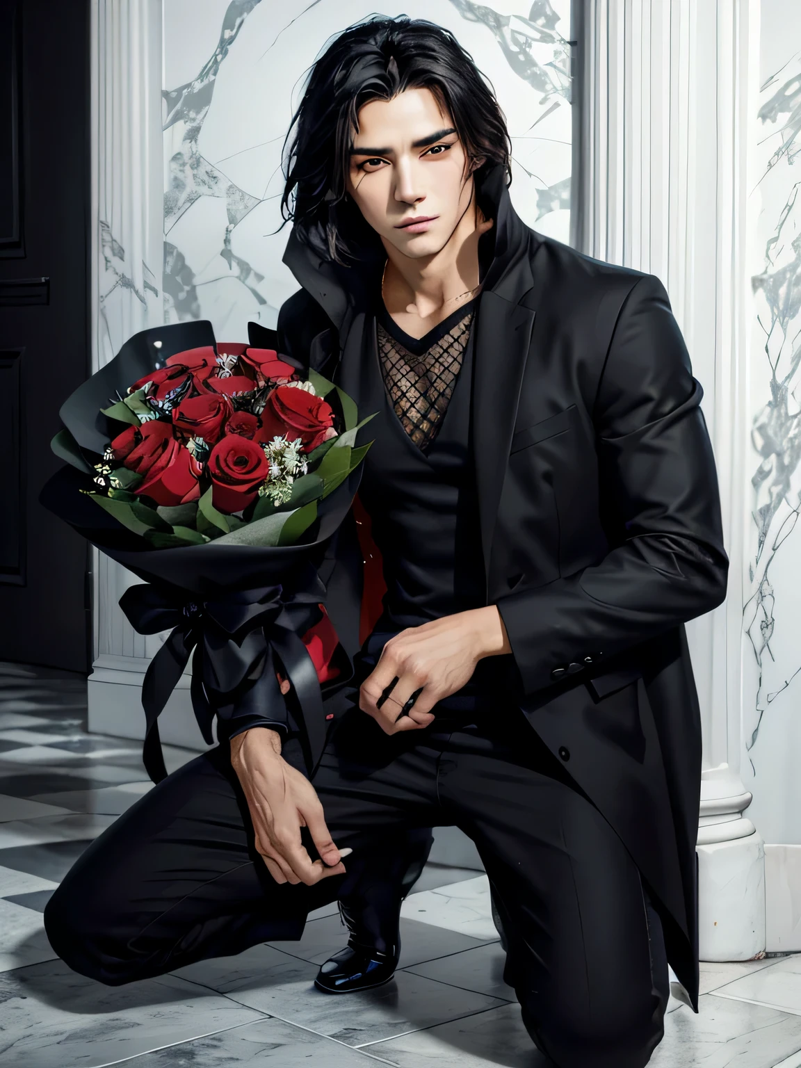 A man with long black hair and dark eyes is kneeling, com um olhar cativado e um sorriso sexy, he holds a beautiful bouquet in his hands, olhando para frente com uma sobrancelha levantada. The man is the focal point of the illustration, Portrayed in exquisite detail in high resolution. The vibrant colors of the bouquet stand out against the clean white background, criando um contraste marcante. Art is cleanly rendered, Sharp style, focusing on the man kneeling on the floor, aumentando a clareza e o realismo da imagem. Warm lighting surrounds the scene, Casting a soft glow on man and flowers, adding depth and warmth to the overall composition.
