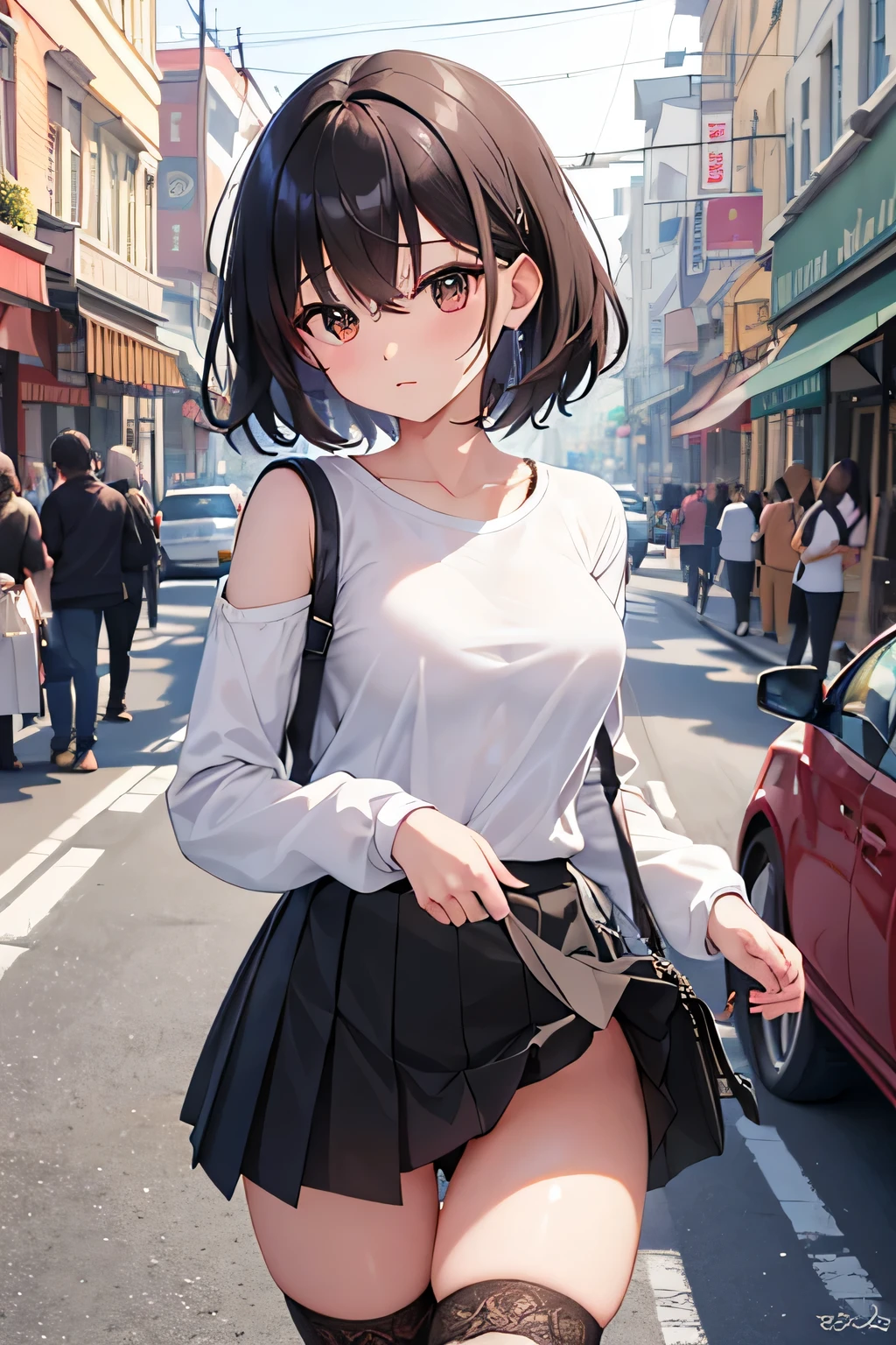 (NSFW:1.2)、look away、crowd、(city)、(I can see a little of your butt)、(1 girl)、((white long sleeve t-shirt:1.2))、(chain shoulder bag:1.2)、(black hair:1.2)、black panties、(Thighhighs)、( black hipbone skirt:1.2)、((medium breasts:1.2))、beautiful breasts、whitening、beautiful skin、blush、(realism)、((super fine))、((highest quality))、((masterpiece))、(ultra high resolution)、(shiny hair:1.2)	、(princess cut)、(medium hair:1.2)、(hair between eyes:1.2)、(masterpiece:1.2)、(highest quality:1.2)、Super detailed、(8K)、(Super detailed)、(Ultra high definition)、(very detailed)、(brown eyes)、(beautiful eyes)、(beautiful face)、(Big eyes	)、
(slanted eyes)