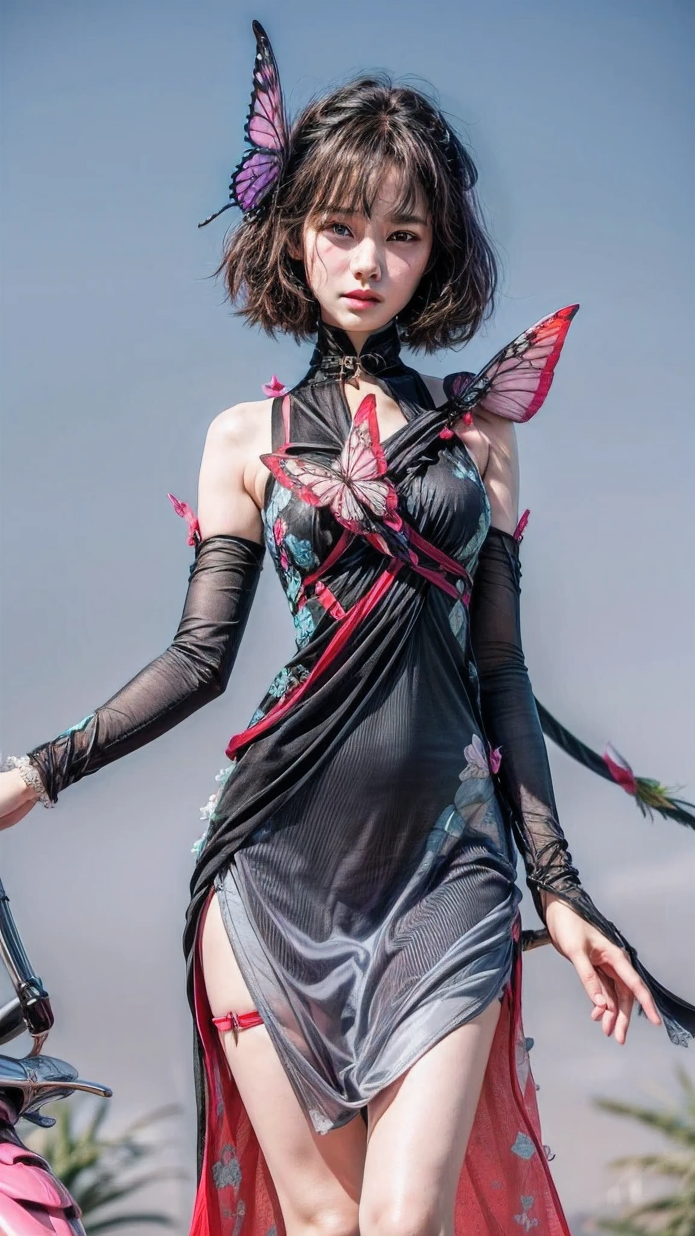 photorealistic:1.37, 1girl, green eyes, black hair, butterfly on her head, butterfly on her dress, ultra high resolution, 8k raw photo, professional lightning, More skin, Lustrous skin, clearface, cinema shot, sharp focus,