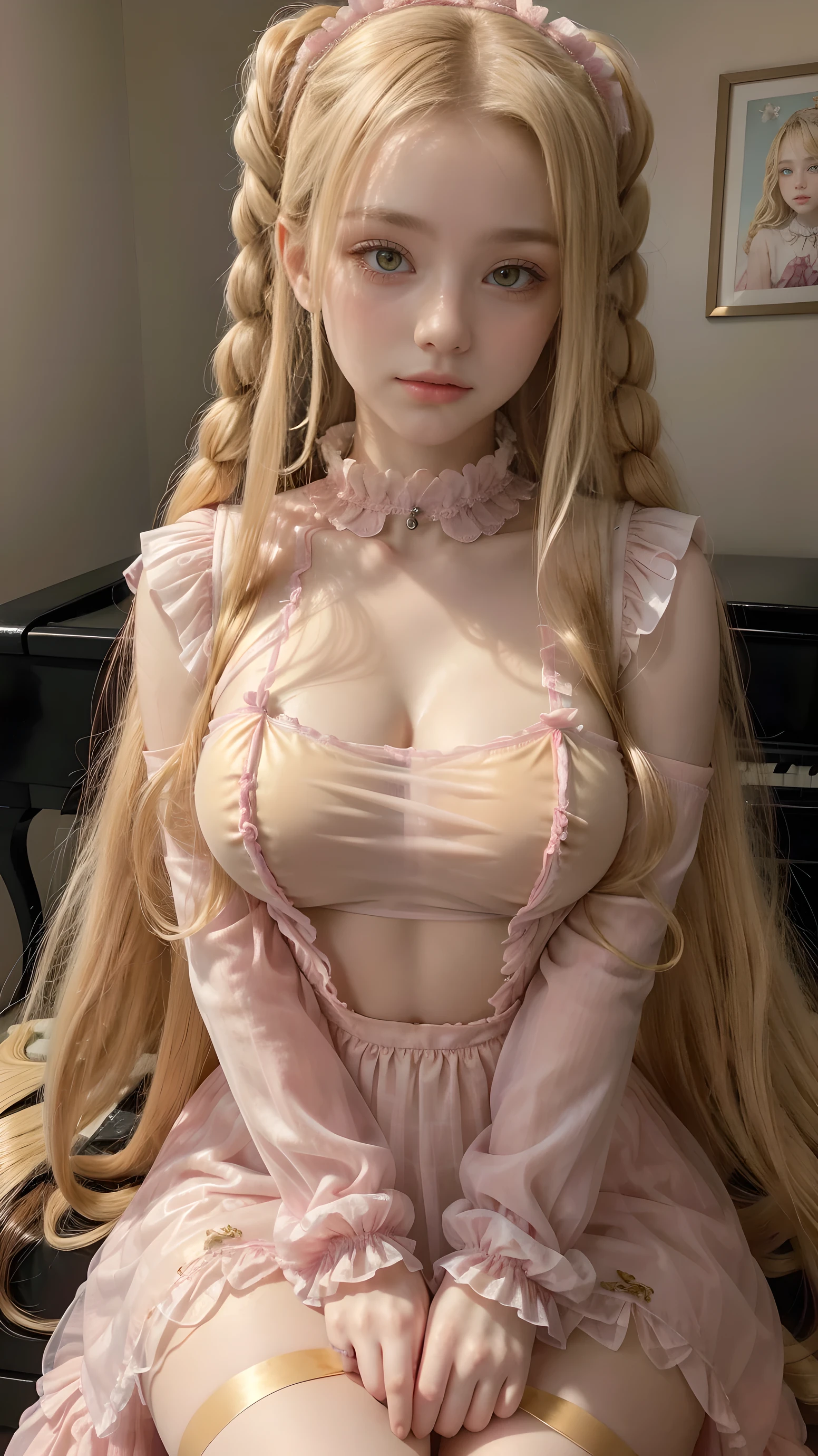 a blonde Girl, Beautiful, Baby symmetric Face, ,,enormous Breasts ,((wearing a collar, an all pink gothic lolita seethh -outfit )), long blonde curly and wavy golden Hair tied in braids,and pony tail adorable masterpiece ((yellow honey colored eyes)),sitting playing the piano