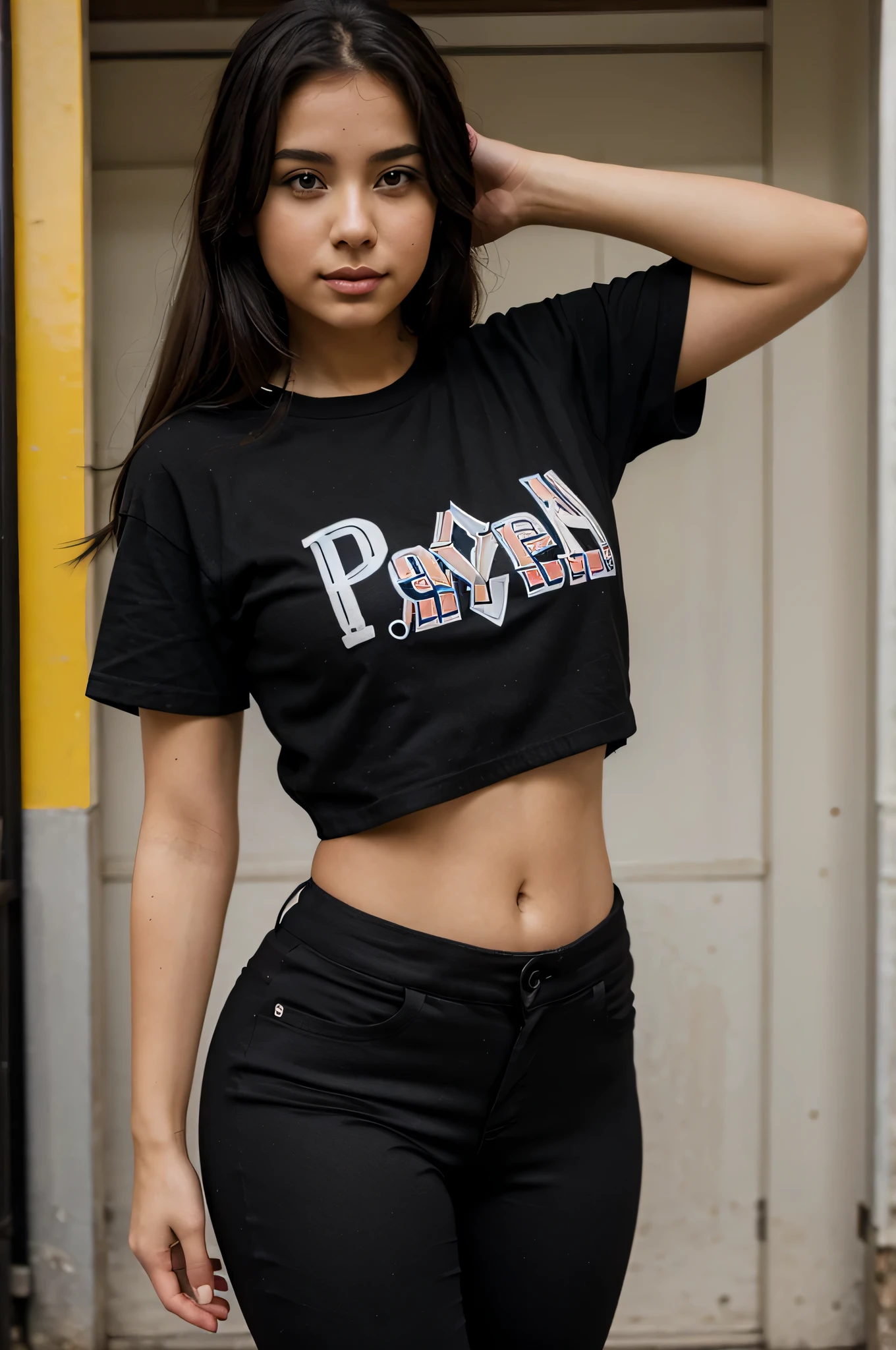 Una chica latina de 20 hermosa. Posing with black pants and Pokémon t-shirt.