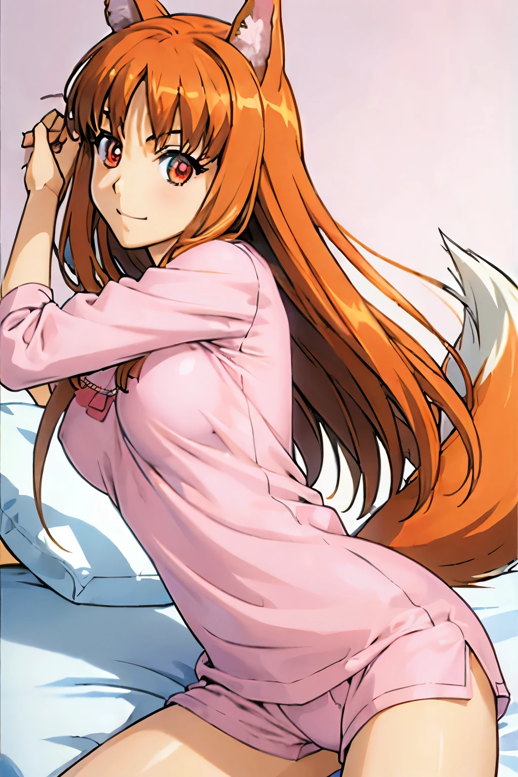 High resolution、highest quality、1 girl、holo、horo、korbo、smile、long hair、bright light beige hair、(dog ears、Bushy tail、red eyes)、slender、thin thighuscular、(big boobs)、はにかんだsmile、armpit、(pink shirt、pink pajamas、pink shorts)、(((lie in bed)))、Super perspective、wide shot、foreshorten、fighting stance