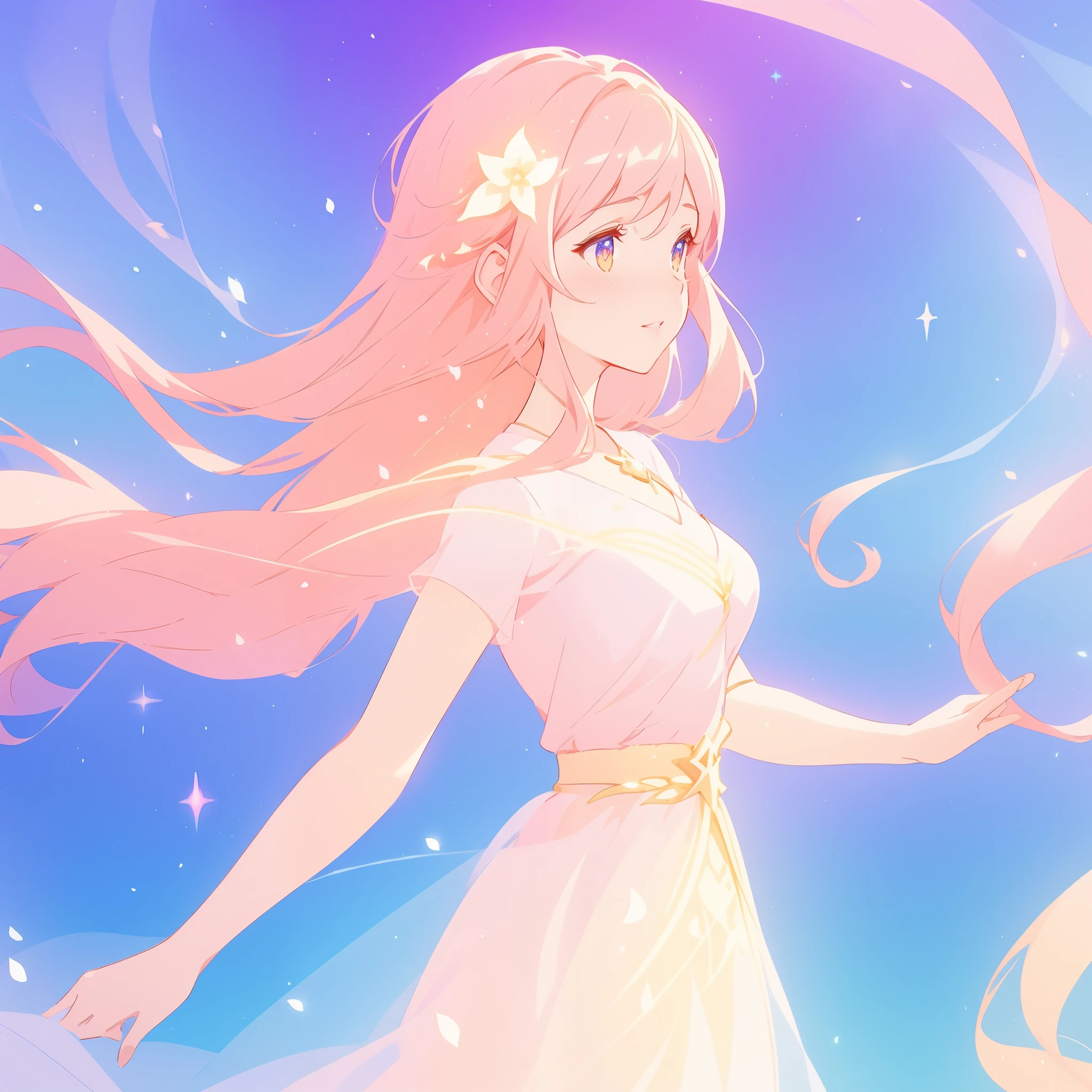 beautiful girl in pale pink sparkling dress, long peach and golden sparkling hair, watercolor illustration, inspired by Glen Keane, inspired by Lois van Baarle, disney art style, by Lois van Baarle, glowing aura around her, by Glen Keane, jen bartel, glowing lights! digital painting, flowing glowing hair, glowing flowing hair, beautiful digital illustration, fantasia otherworldly landscape plants flowers, beautiful, masterpiece, best quality, anime disney style
