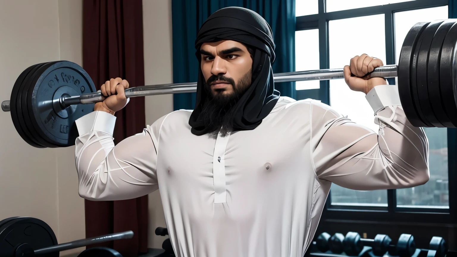 Strong Muslim man lifting weights wearing a thobe, Ghutra and Egal