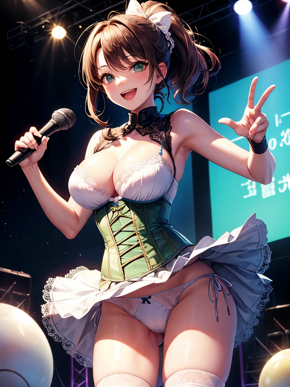 highest quality、All limbs、full finger、Slender beauty、ponytail、brown hair, green, white and navy idol costume、navy blue corset, high socks、beautiful big breasts、live stage、sing、holding a microphone, dancing、big smile、(white side-tie lacy panties:1.1), skirt lift, show off panties, (shirt lift:0.5), (show off bra:0.9), (dark blue lacy bra:0.9)