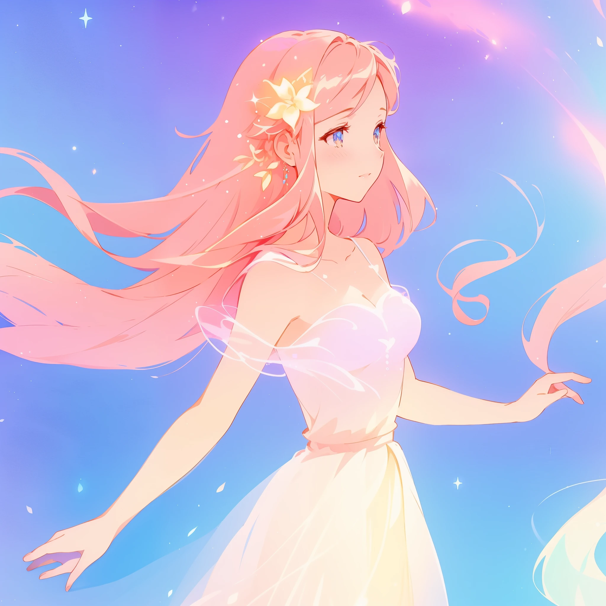 beautiful girl in pale pink sparkling dress, long peach and golden sparkling hair, watercolor illustration, inspired by Glen Keane, inspired by Lois van Baarle, disney art style, by Lois van Baarle, glowing aura around her, by Glen Keane, jen bartel, glowing lights! digital painting, flowing glowing hair, glowing flowing hair, beautiful digital illustration, fantasia otherworldly landscape plants flowers, beautiful, masterpiece, best quality, anime disney style