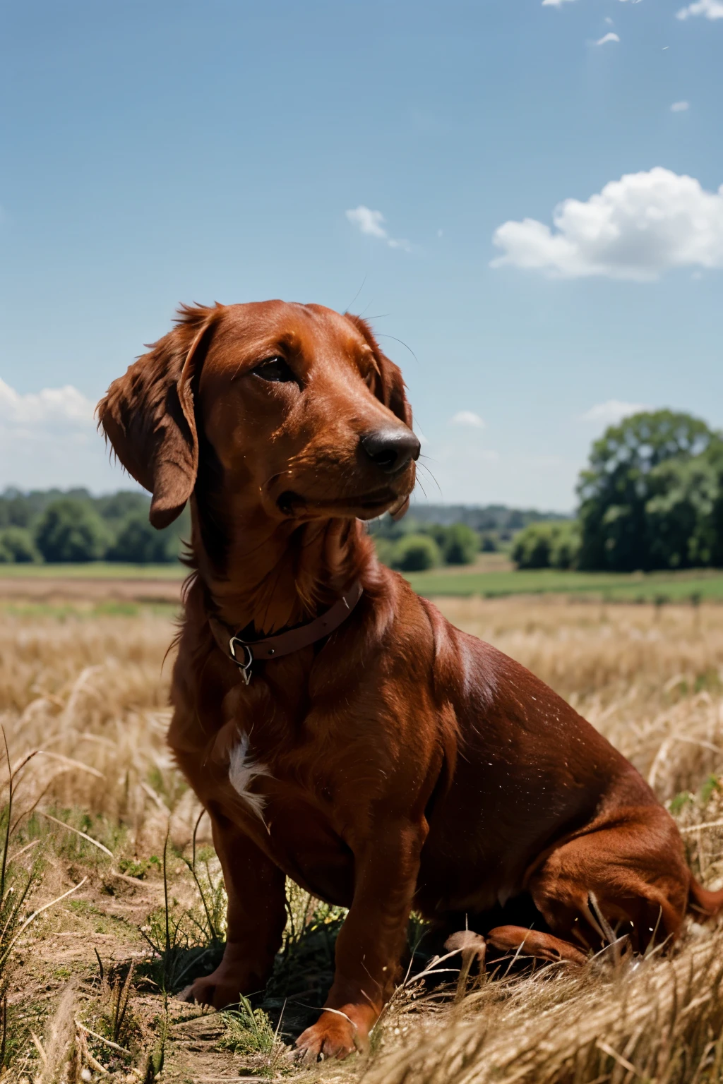 red dachshund in a rye field on a sunny summer day