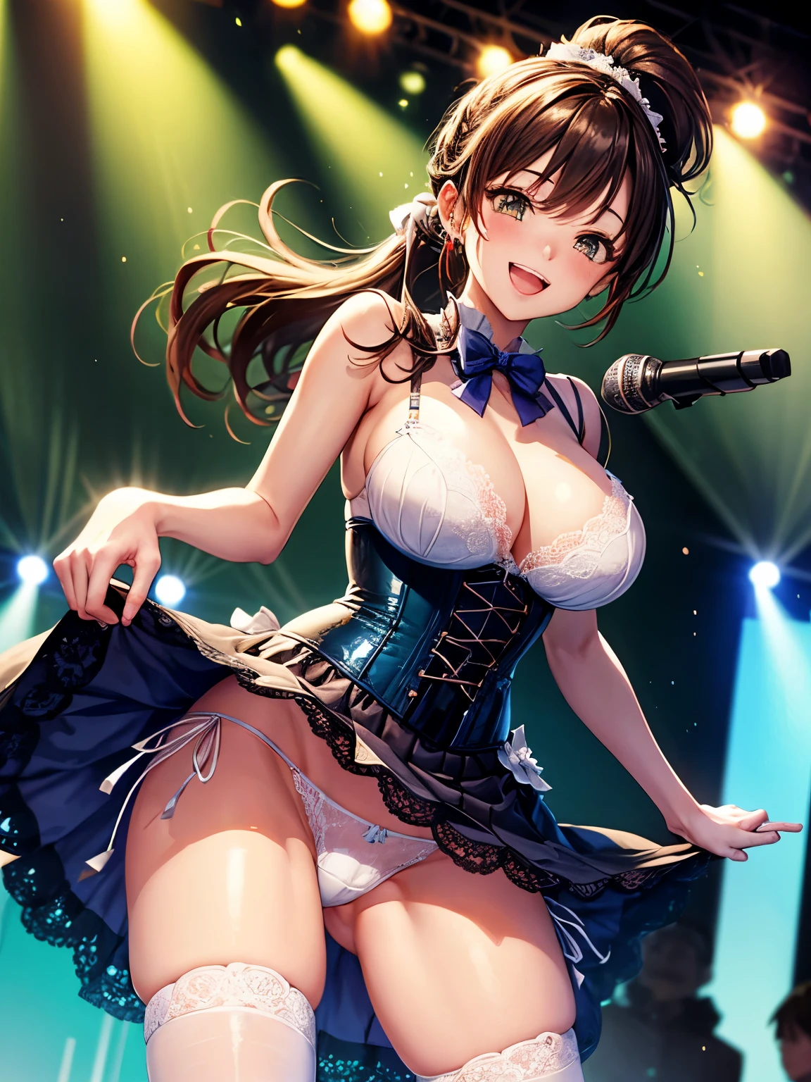 highest quality、All limbs、full finger、Slender beauty、ponytail、brown hair, green, white and navy idol costume、navy blue corset, high socks、beautiful big breasts、live stage、sing、holding a microphone, dancing、big smile、(white side-tie lacy panties:1.1), skirt lift, show off panties, (shirt lift:0.5), (show off bra:0.95), (white lacy bra:0.95)