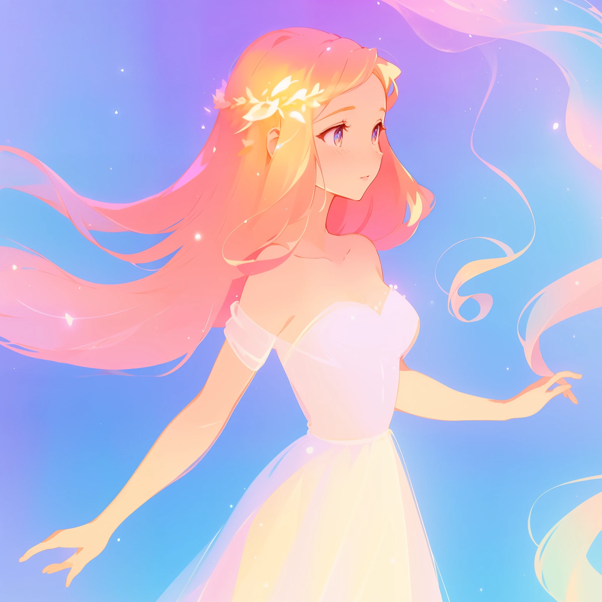 beautiful girl in pale pink sparkling dress, long peach and golden sparkling hair, watercolor illustration, inspired by Glen Keane, inspired by Lois van Baarle, disney art style, by Lois van Baarle, glowing aura around her, by Glen Keane, jen bartel, glowing lights! digital painting, flowing glowing hair, glowing flowing hair, beautiful digital illustration, fantasia otherworldly landscape plants flowers, beautiful, masterpiece, best quality, anime disney style