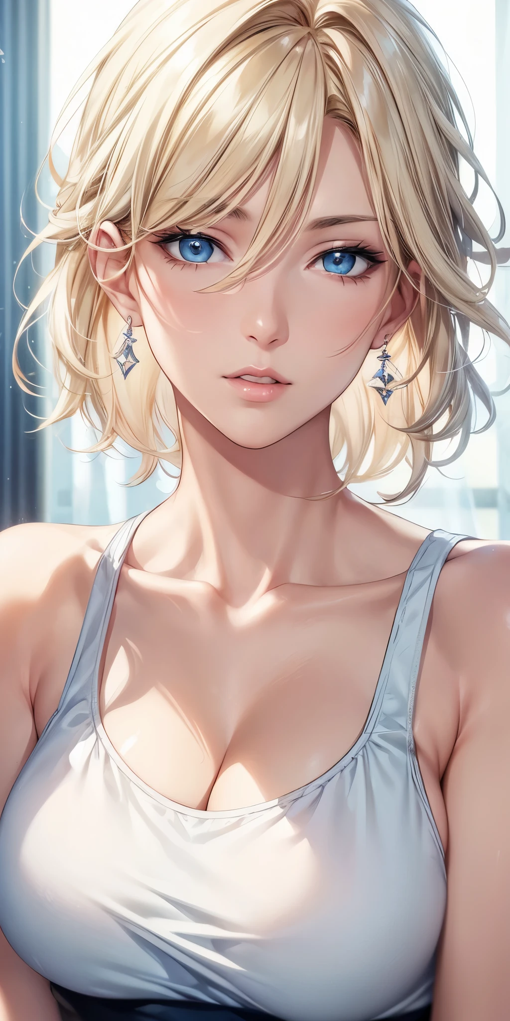 portrait, realistic, elegant mature woman, blue eyes, brown blonde hair, swept-side bang, 4k resolution, high quality cg, beautiful cg, soft light