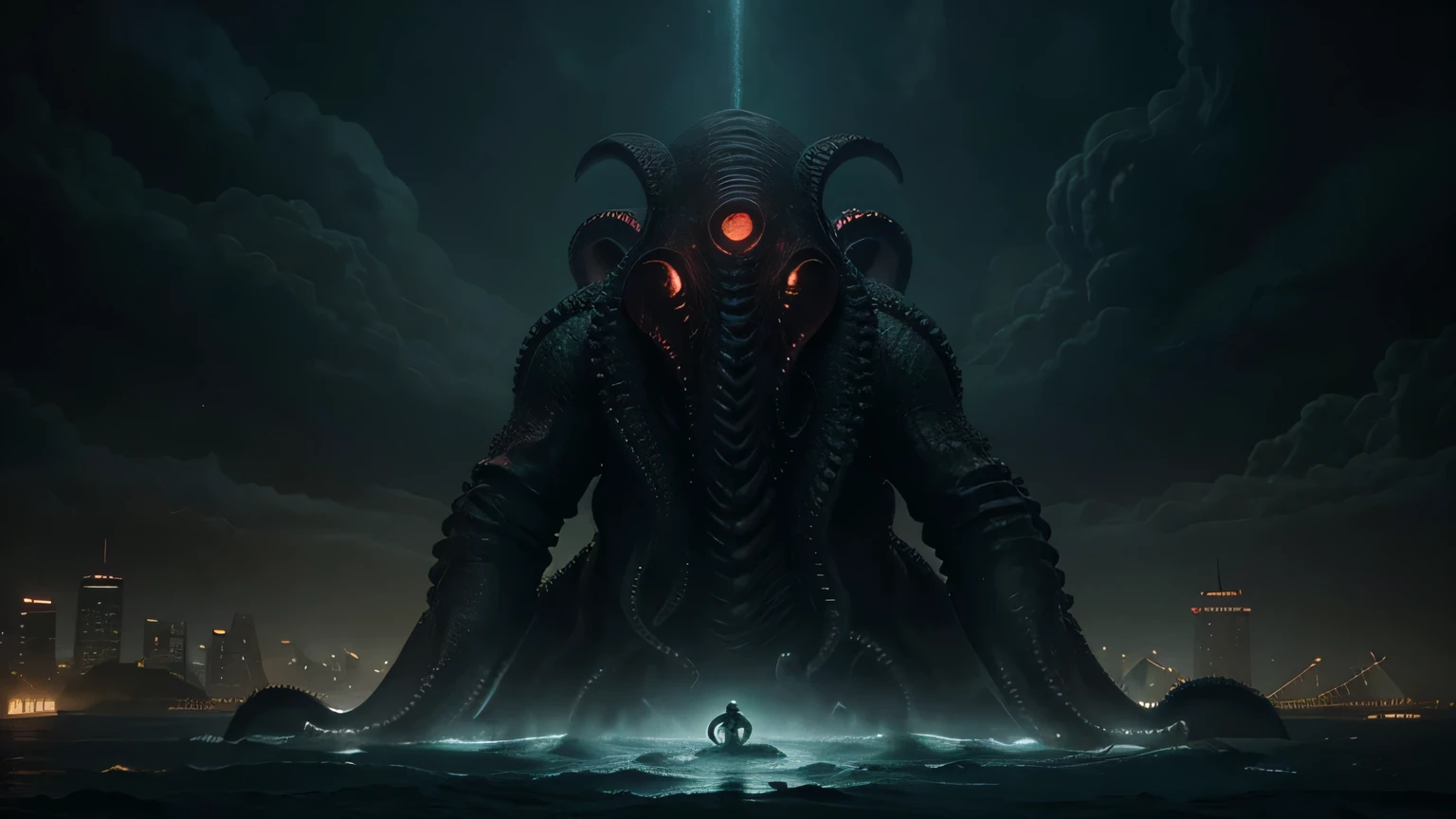 a large squid monster with a sword in front of a city, concept art inspired by lovecraft, Artstation contest winner, unilalianism, photo of cthulhu, gigantic cthulhu, cthulhu rising from the ocean, giant cthulhu, dan mumford tom bagshaw, ancient eldritch horror cthulhu, dan mumford. concept art, lovecraftian hellscape, cthulu, cthulhu