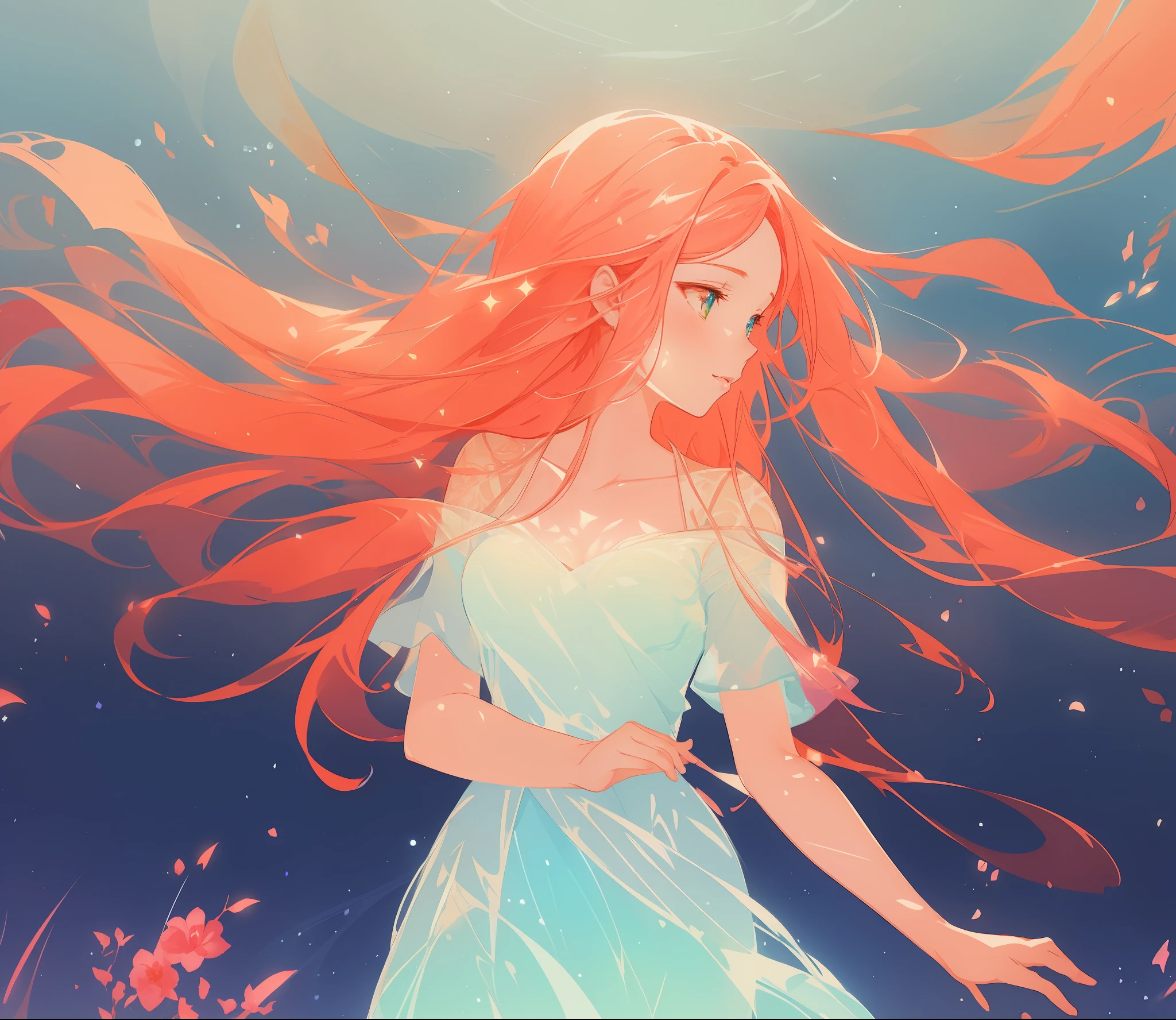 beautiful anime girl in pale flowing dress, inspired by Glen Keane, long flowing red hair, inspired by Lois van Baarle, (disney art style), by Lois van Baarle, glowing aura around her, by Glen Keane, jen bartel, glowing lights! digital painting, flowing glowing hair, glowing flowing hair, beautiful digital illustration, fantasia background, whimsical, magical, fantasy, beautiful face, ((masterpiece, best quality)), intricate details, highly detailed, sharp focus, 8k resolution, sparkling detailed eyes, liquid watercolor