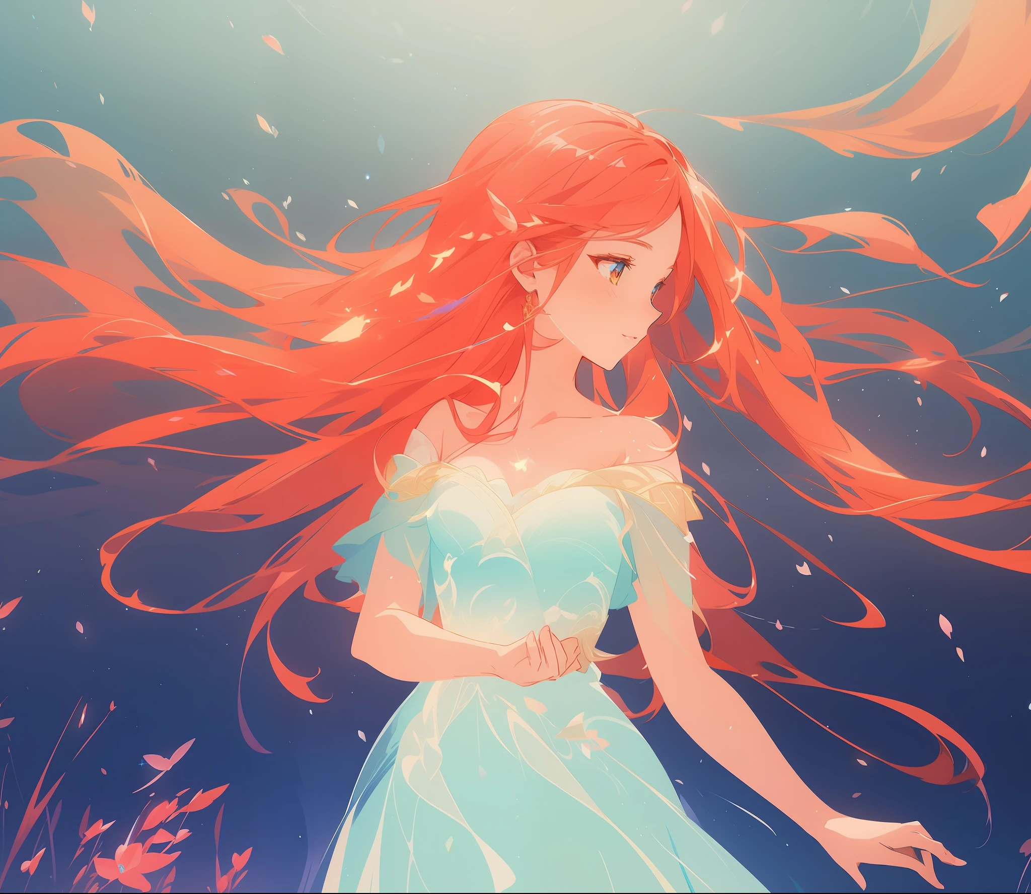 beautiful anime girl in pale flowing dress, inspired by Glen Keane, long flowing red hair, inspired by Lois van Baarle, (disney art style), by Lois van Baarle, glowing aura around her, by Glen Keane, jen bartel, glowing lights! digital painting, flowing glowing hair, glowing flowing hair, beautiful digital illustration, fantasia background, whimsical, magical, fantasy, beautiful face, ((masterpiece, best quality)), intricate details, highly detailed, sharp focus, 8k resolution, sparkling detailed eyes, liquid watercolor