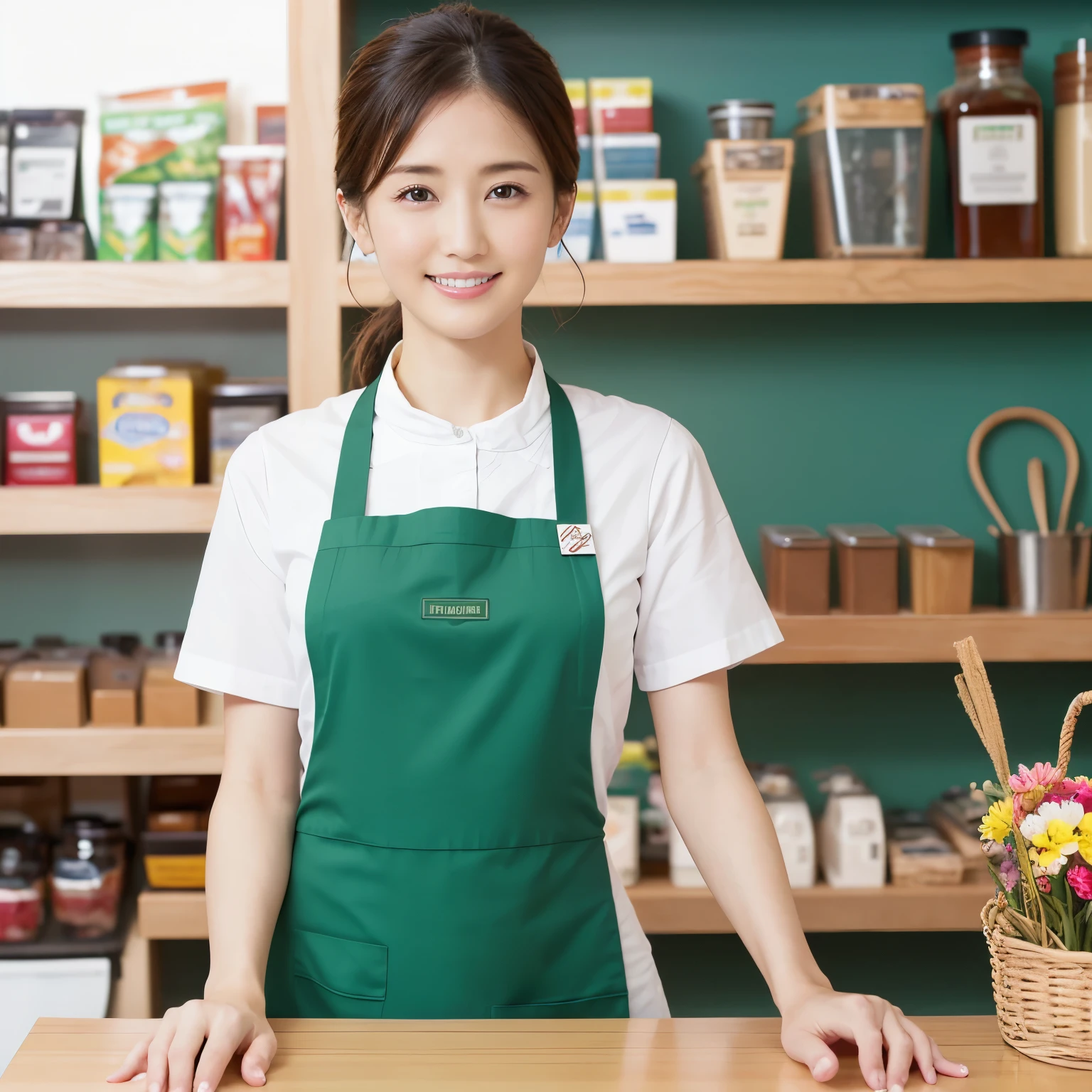 (highest quality、table top、8K、best image quality、Award-winning work)、a woman working at a convenience store、(The most natural and perfect plain green simple apron:1.3)、(simple green apron:1.2)、classy shirt、(big breasts:1.1)、(emphasize body line:1.1)、(Standing gracefully:1.1)、beautiful woman portrait、The most natural and perfectly organized convenience store、Convenience store shelves in the background、perfectly organized shelves、Regularly arranged shelves of natural products、(very bright and vivid:1.2)、Strongly blurred background、look at me and smile、(accurate anatomy:1.1)、Super high resolution perfect beautiful teeth、Ultra high definition beauty face、ultra high definition hair、Super high-definition sparkling eyes、(輝く超高解像度のShining beautiful skin:1.3)、(Shining beautiful skin:1.2)、Super high resolution glossy lips