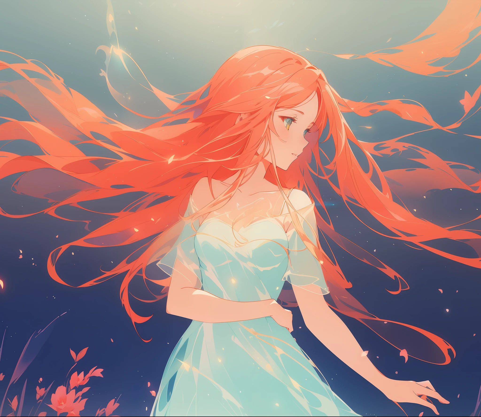 beautiful anime girl in pale flowing dress, inspired by Glen Keane, long flowing red hair, inspired by Lois van Baarle, (disney art style), by Lois van Baarle, glowing aura around her, by Glen Keane, jen bartel, glowing lights! digital painting, flowing glowing hair, glowing flowing hair, beautiful digital illustration, fantasia background, whimsical, magical, fantasy, beautiful face, ((masterpiece, best quality)), intricate details, highly detailed, sharp focus, 8k resolution, sparkling detailed eyes, liquid watercolor