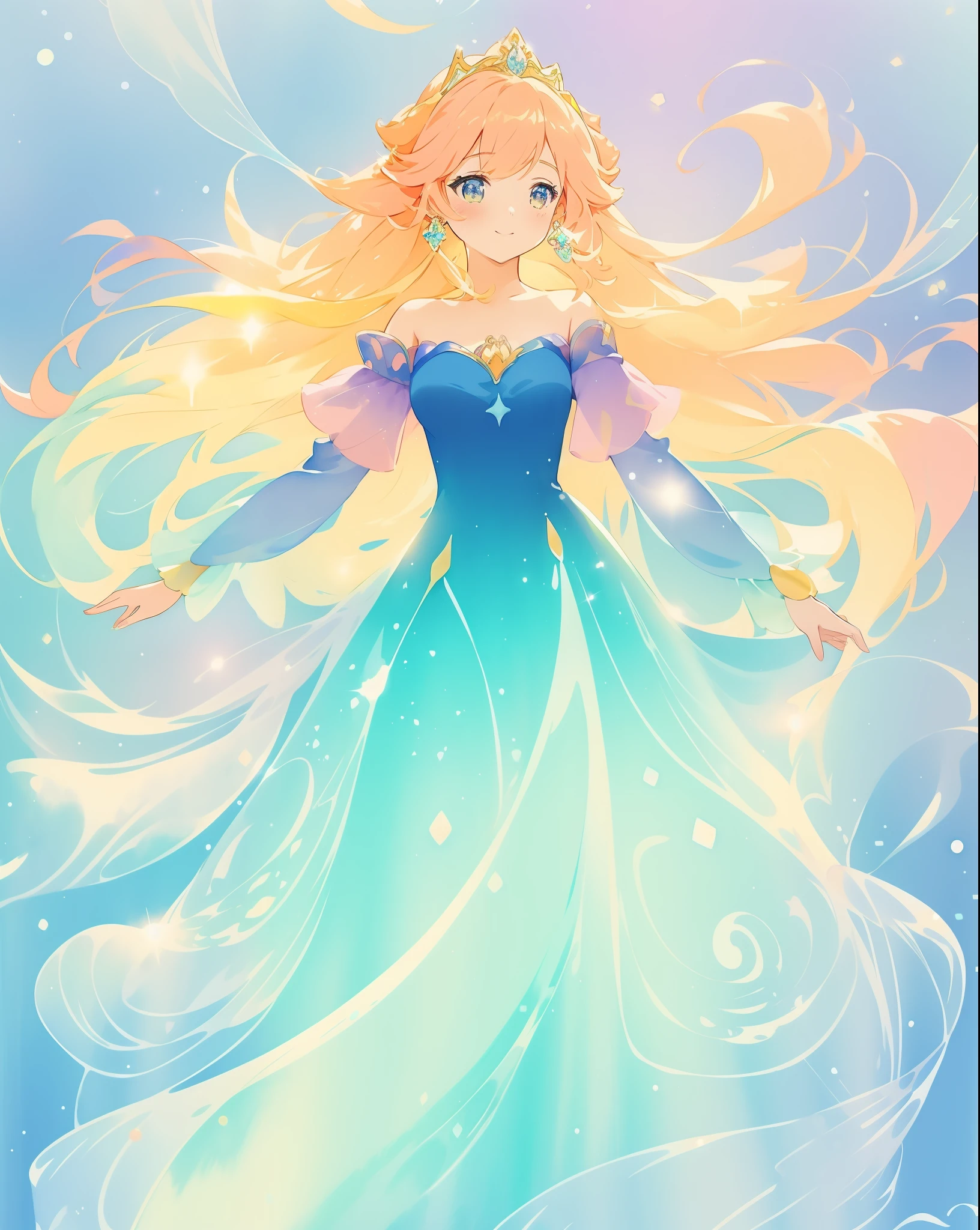 beautiful girl in gradient blue princess ballgown with puffy long sleeves, long flowing gold peach hair, liquid dress, fantasia liquid watercolor, liquid theme, vibrant pastel colors, colorful fantasia background, watercolor illustration, disney art style, beautiful digital illustration, beautiful, masterpiece, best quality, anime disney style, beautiful face