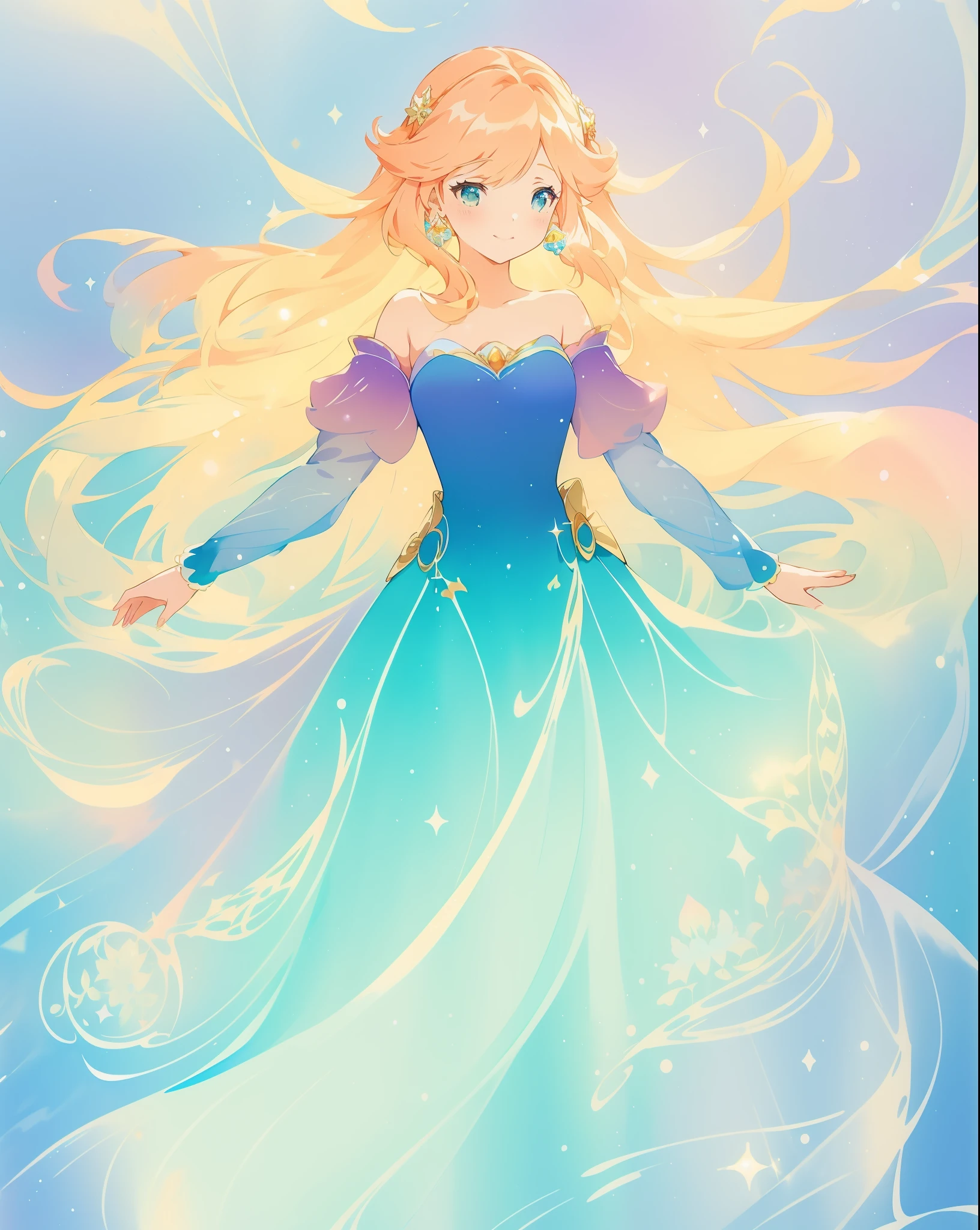 beautiful girl in gradient blue princess ballgown with puffy long sleeves, long flowing gold peach hair, liquid dress, fantasia liquid watercolor, liquid theme, vibrant pastel colors, colorful fantasia background, watercolor illustration, disney art style, beautiful digital illustration, beautiful, masterpiece, best quality, anime disney style, beautiful face