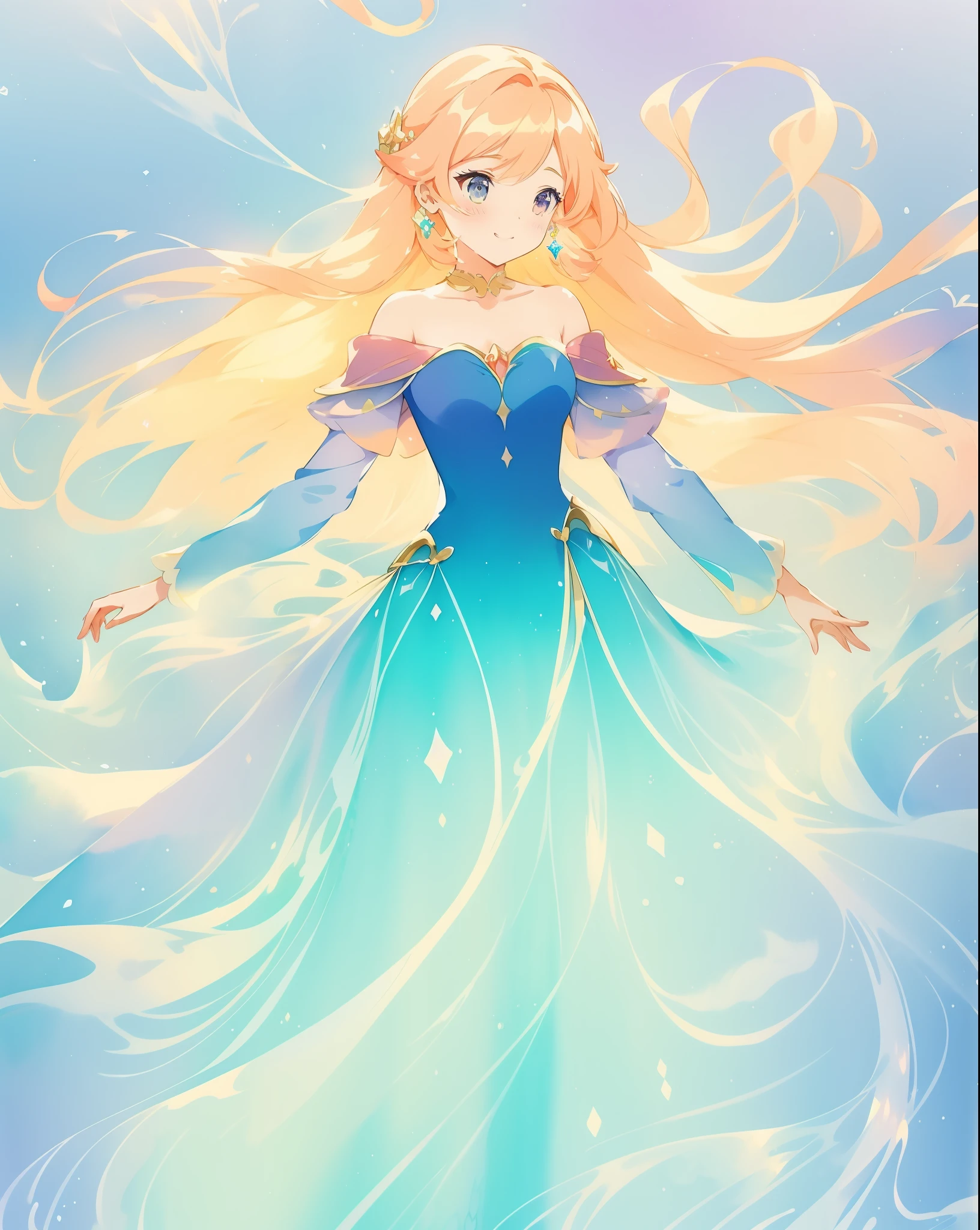 beautiful girl in gradient blue princess ballgown with puffy long sleeves, long flowing gold peach hair, liquid dress, fantasia liquid watercolor, liquid theme, vibrant pastel colors, colorful fantasia background, watercolor illustration, disney art style, beautiful digital illustration, beautiful, masterpiece, best quality, anime disney style, beautiful face