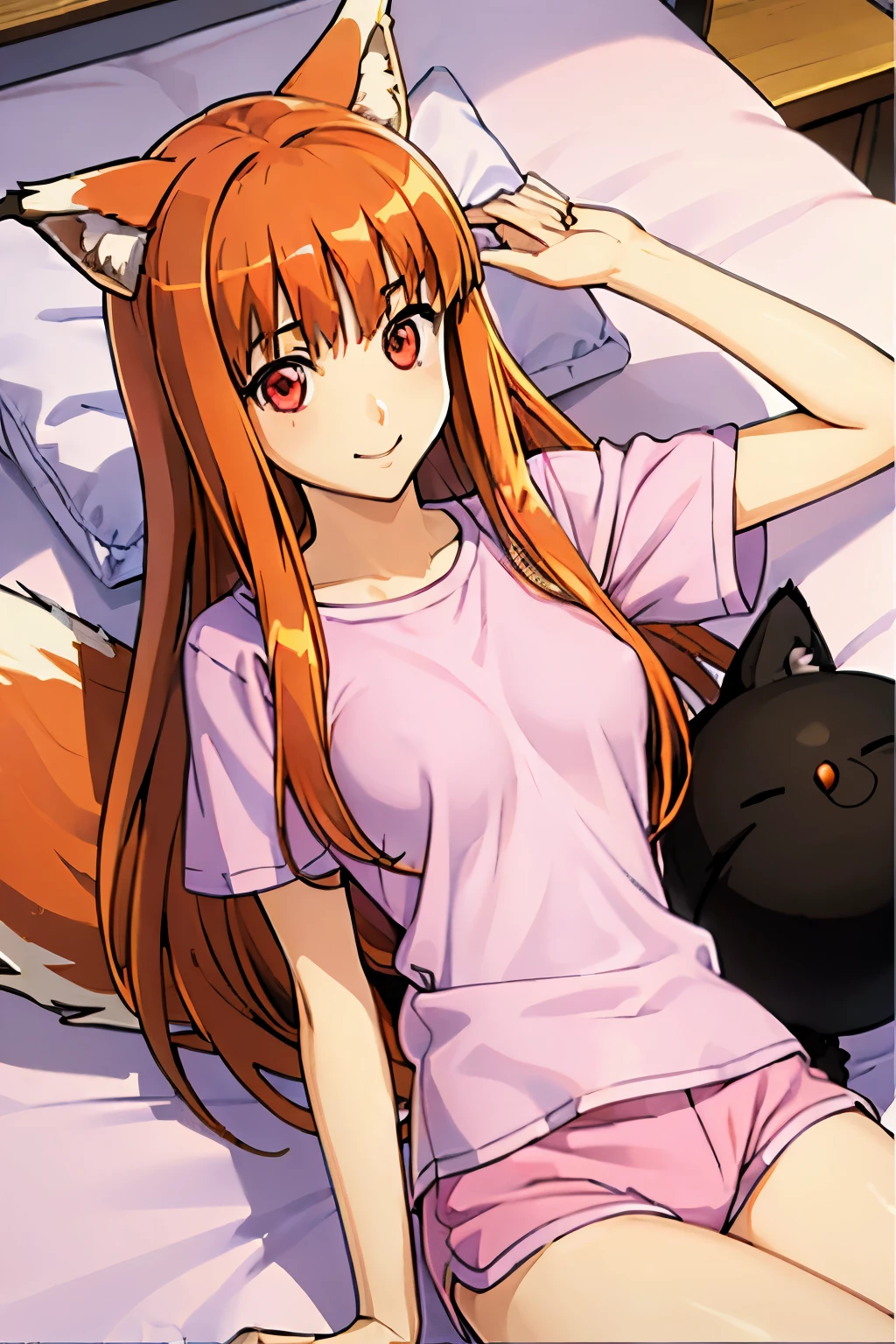 High resolution、highest quality、1 girl、holo、horo、korbo、smile、long hair、white skin、Bright light brown hair、(wolf ears、Bushy tail、red eyes)、slender、thin thighuscular、(big boobs)、はにかんだsmile、(pink shirt、pink shorts)、(((lie in bed)))