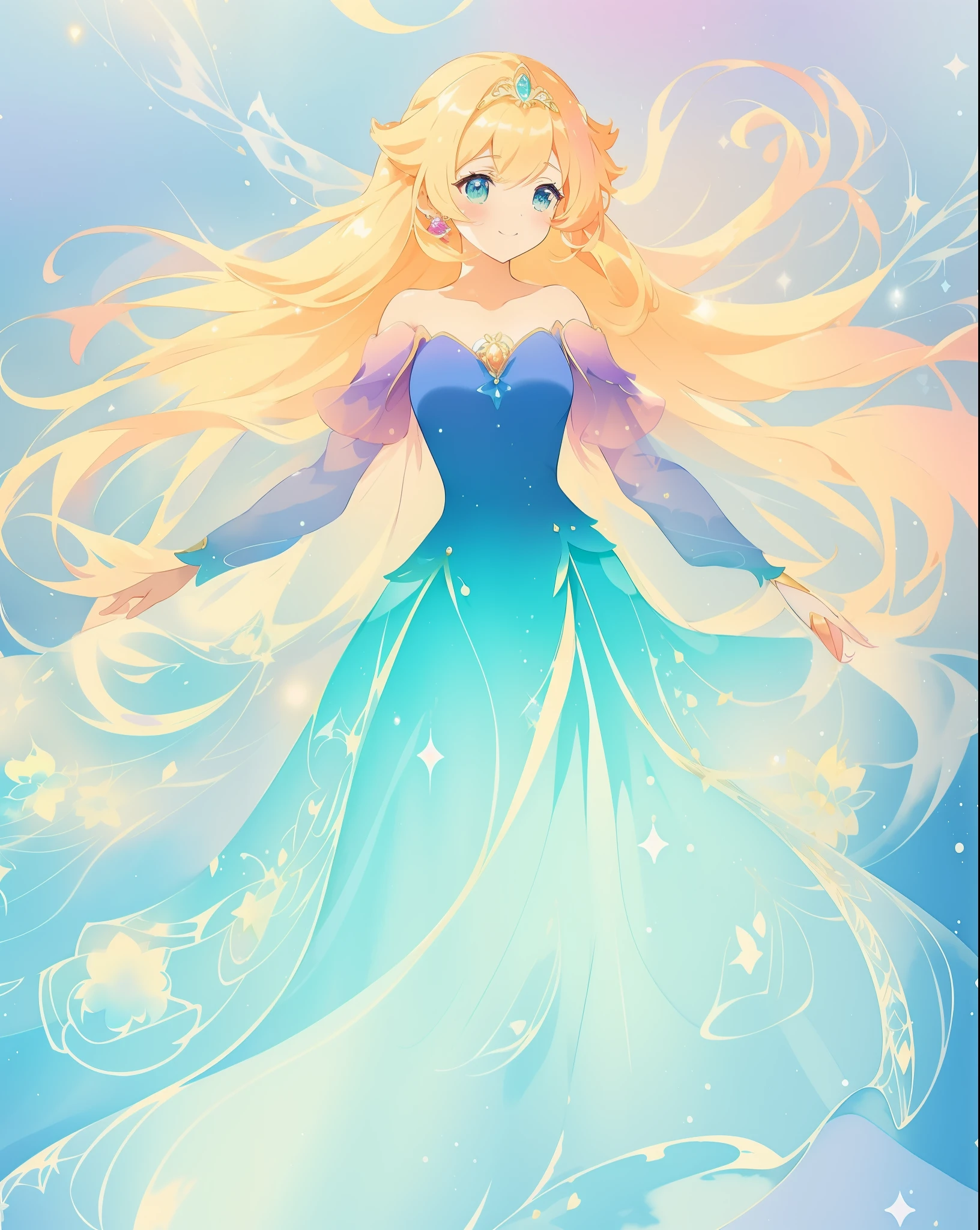 beautiful girl in gradient blue princess ballgown with puffy long sleeves, long flowing gold peach hair, liquid dress, fantasia liquid watercolor, liquid theme, vibrant pastel colors, colorful fantasia background, watercolor illustration, disney art style, beautiful digital illustration, beautiful, masterpiece, best quality, anime disney style, beautiful face