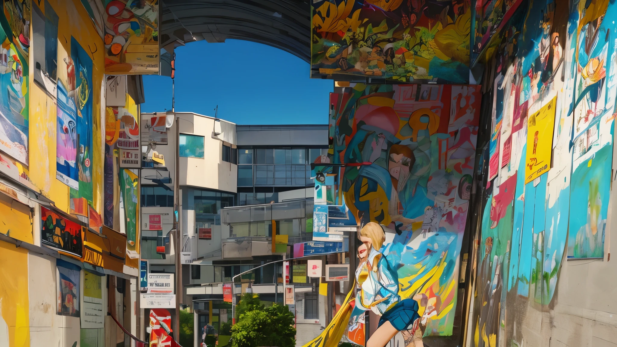 Depict a vibrant and dynamic scene of a 26-year-old Brazilian student walking through a modern university campus with futuristic architecture . She's wearing a yellow blouse, representando seu curso de engenharia, and your face is lit by a contagious smile. Her hair is colored blonde, curto, cacheado, colorido, that add a touch of youthfulness and creativity to your look. Enquanto ela anda, a trail of modern paintings unfolds behind her, portraying the diversity and energy of the academic environment. Essas obras de arte expressam a multiplicidade de culturas, ideas and perspectives that flourish in the university community, criando um ambiente inspirador e animado. 4K